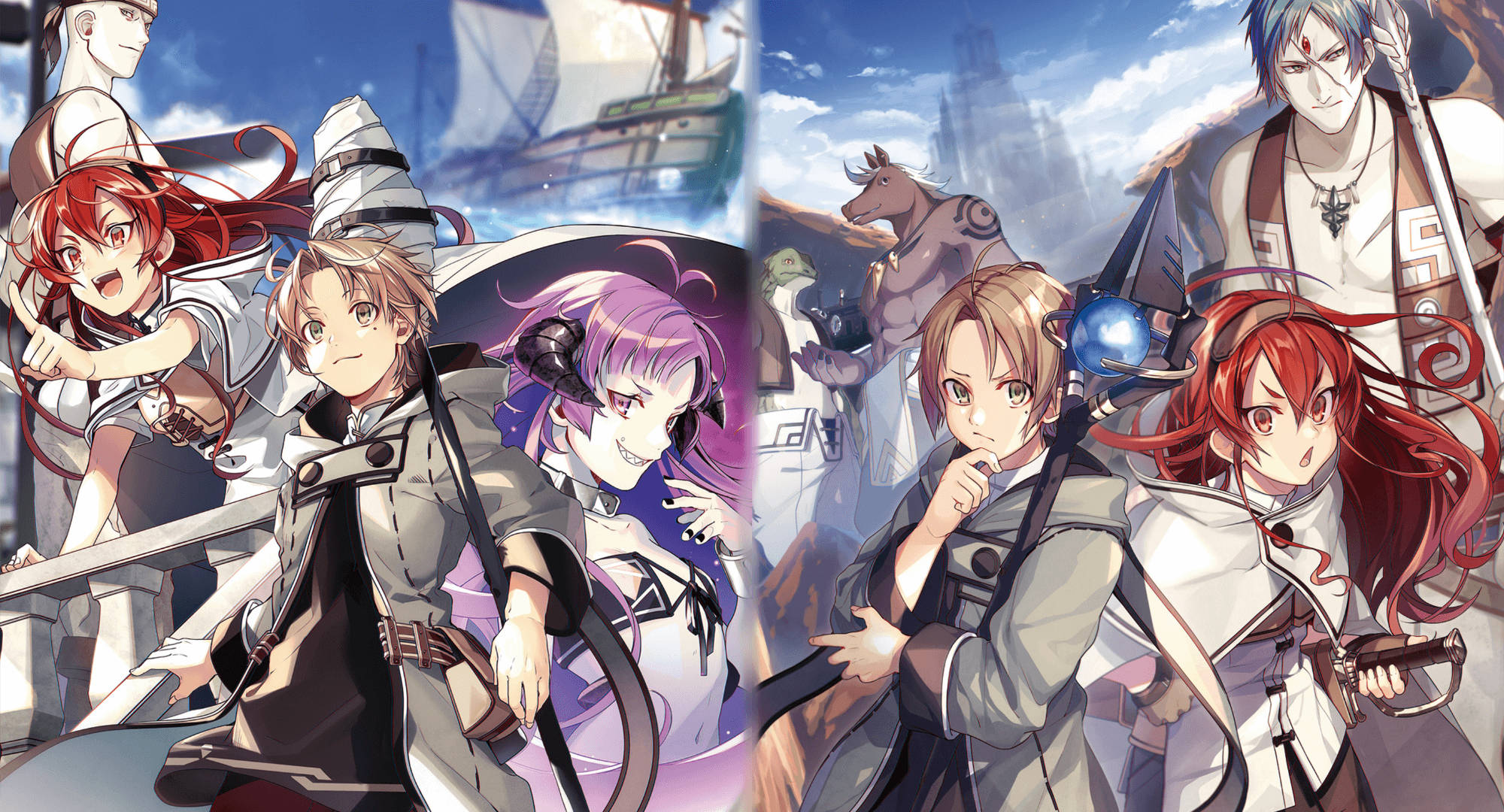 Mushoku Tensei 桌布 壁紙 — 動漫角色穿著奇幻服裝，在明亮的天空下，以船隻和神話生物為背景，英勇地站立。
