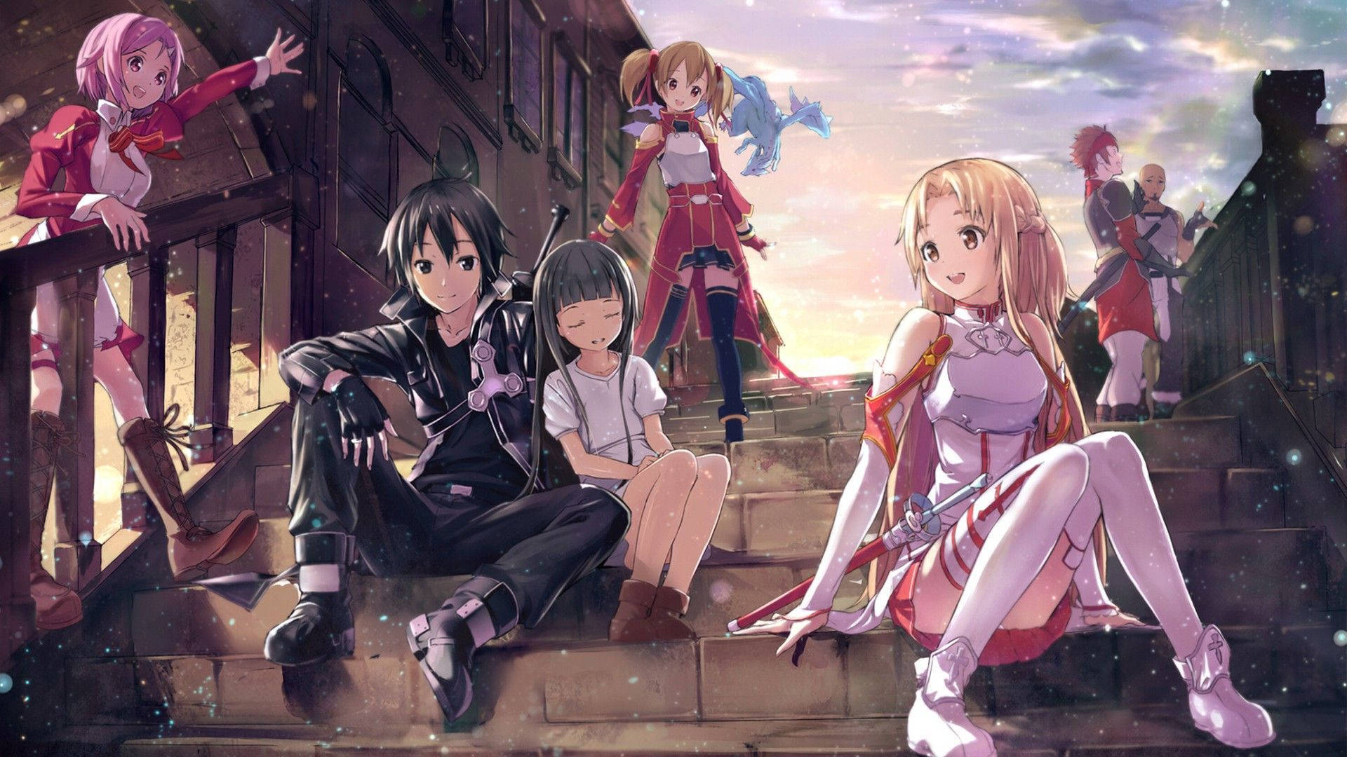 Kirito 桌布 壁紙 — 動漫角色穿著奇幻服裝，在發光的日落天空下，坐在和站在石階上，有漂浮的粒子。