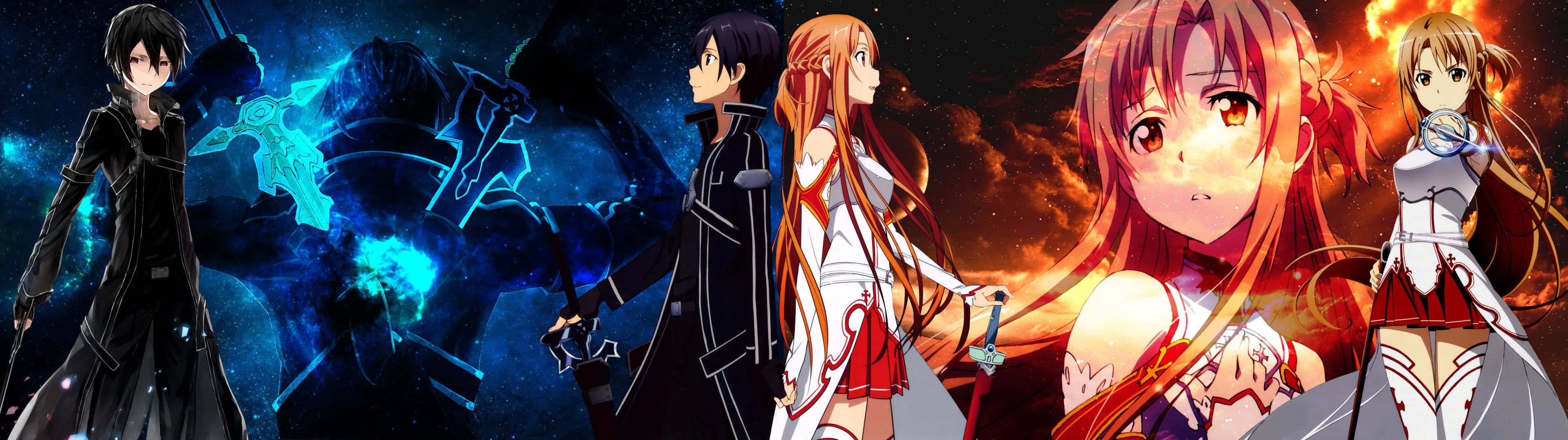Kirito 桌布 壁紙 — 動漫角色穿著奇幻盔甲，在宇宙藍色和火橙色背景中手持發光劍。