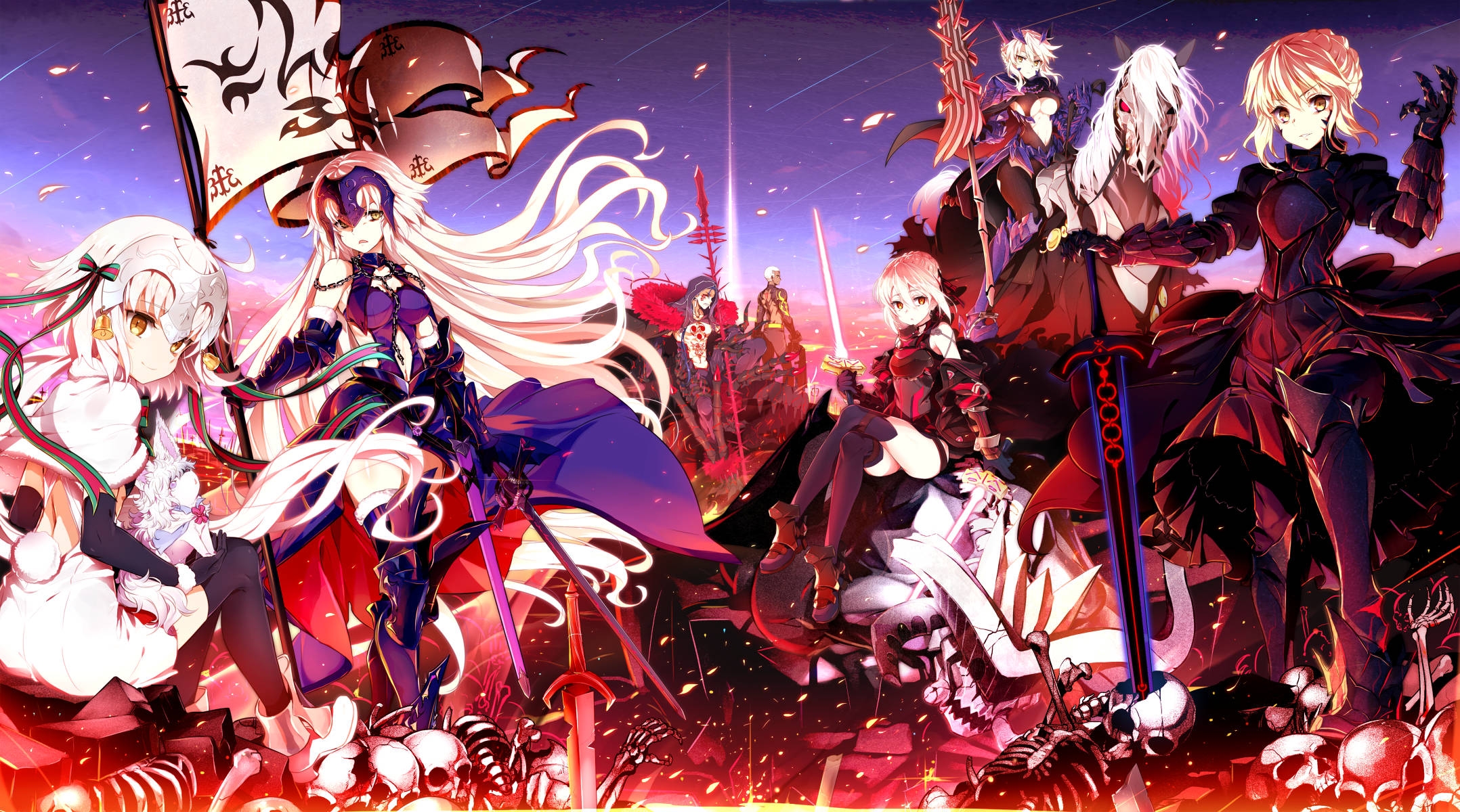 Fate/Grand Order 桌布 壁紙 — 動漫角色穿著奇幻盔甲，在黃昏天空下站在骷髏和火焰之中。