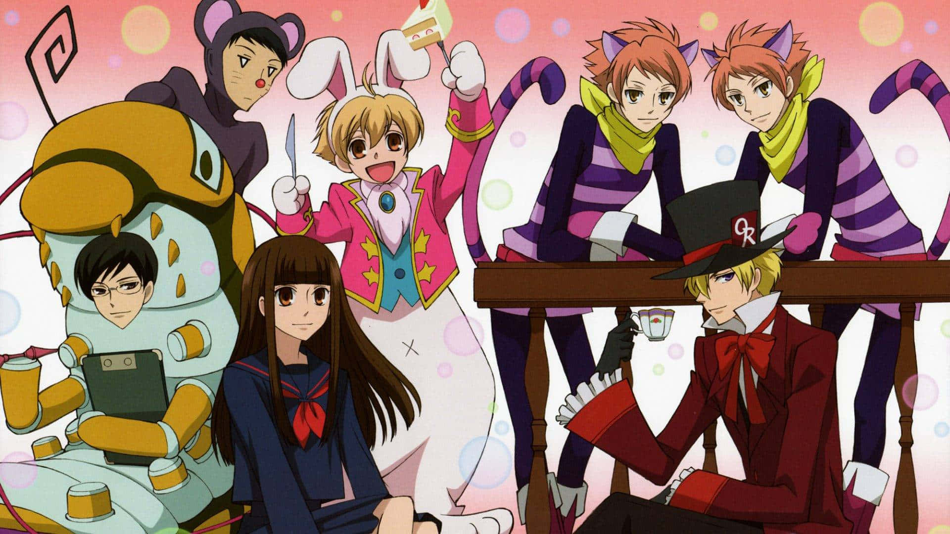 ouran high school host club 桌布 壁紙 — 動漫角色穿著奇裝異服圍坐在桌子旁，粉彩泡泡在歡快的粉紅色背景上漂浮。