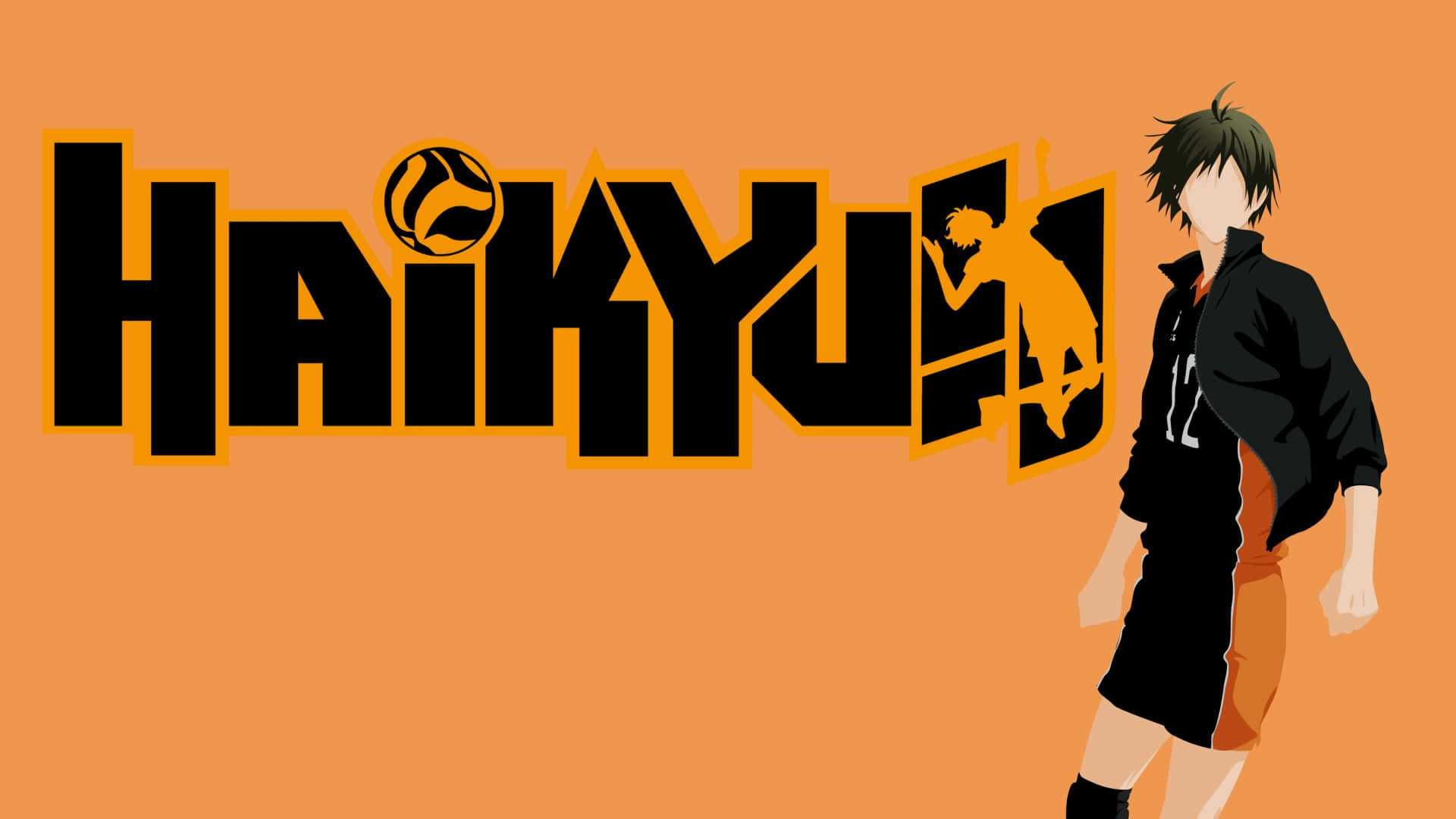 Tadashi Yamaguchi 桌布 壁紙 — 動漫角色穿著排球制服，站在橙色背景上的粗體Haikyuu標誌旁邊。