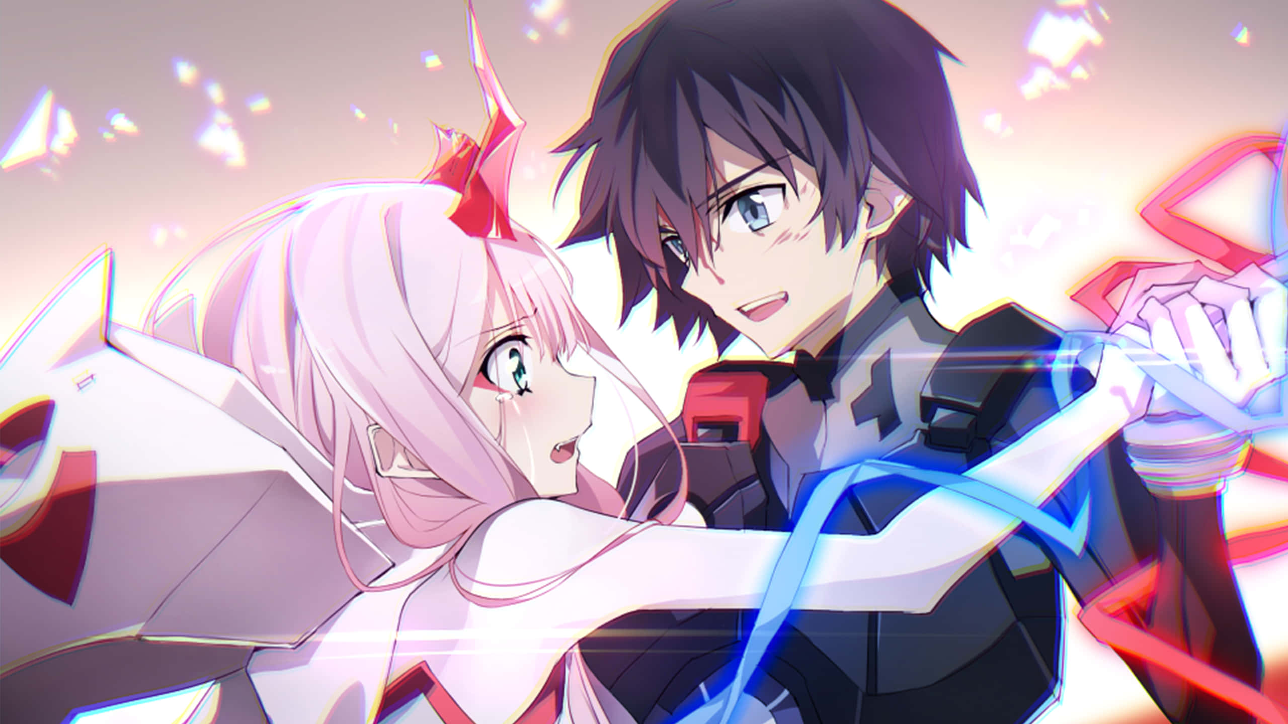DARLING in the FRANXX 桌布 壁紙 — 動漫角色穿著未來裝備，在閃爍的日落背景下手持發光武器。