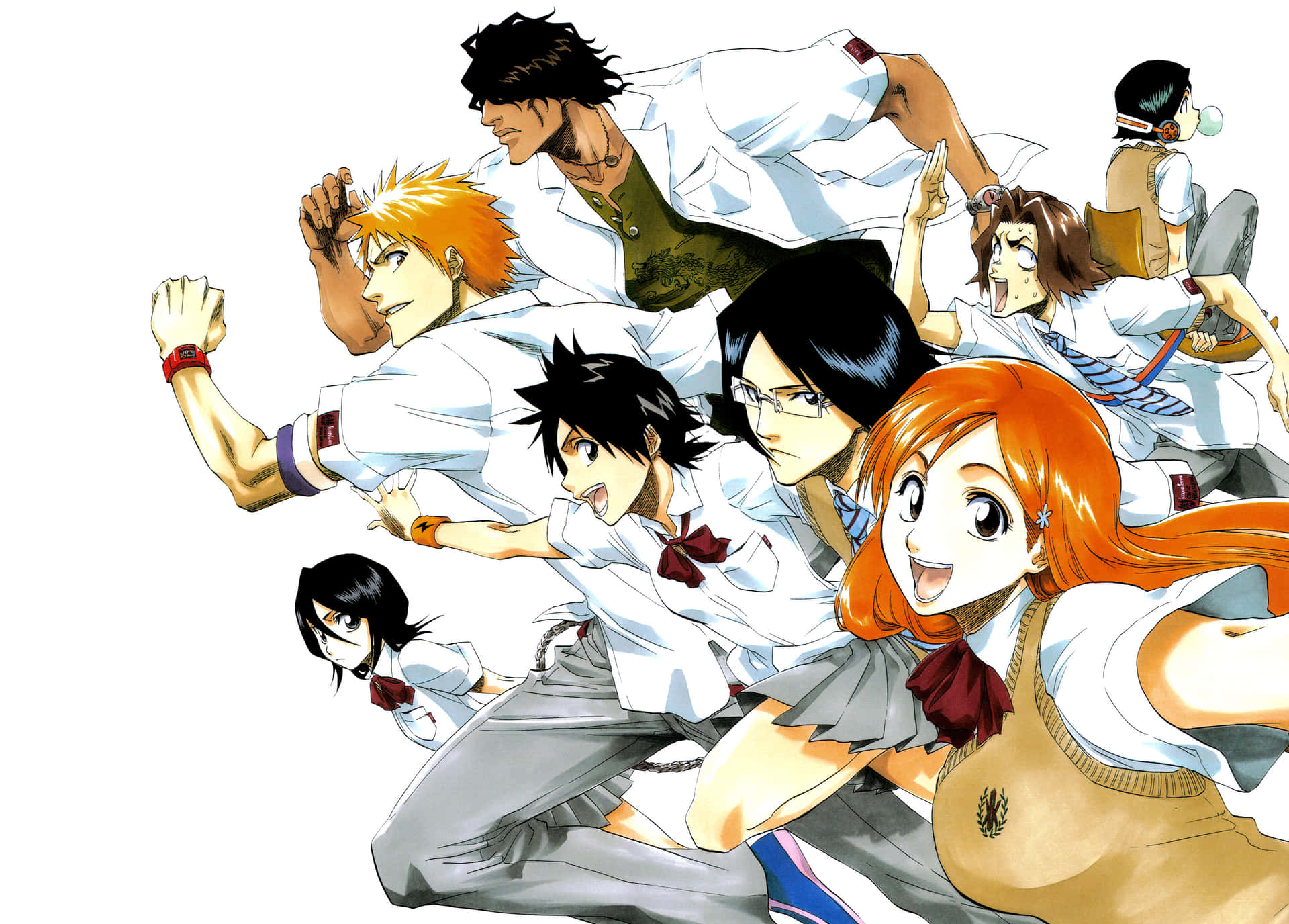 Bleach Anime 桌布 壁紙 — 動漫角色穿著校服，在純白背景前充滿活力地向前跳躍。