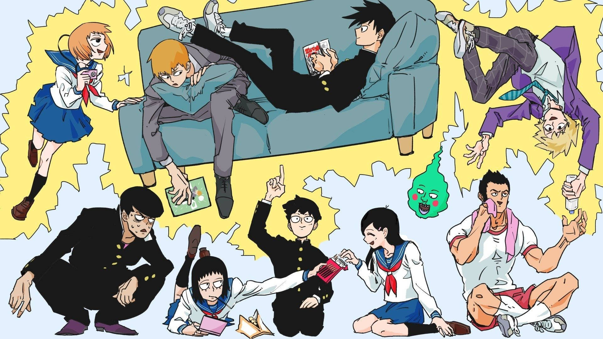 psycho 桌布 壁紙 — 動漫角色穿著校服，在黃色背景前圍繞藍色沙發玩牌並充滿活力地互動。