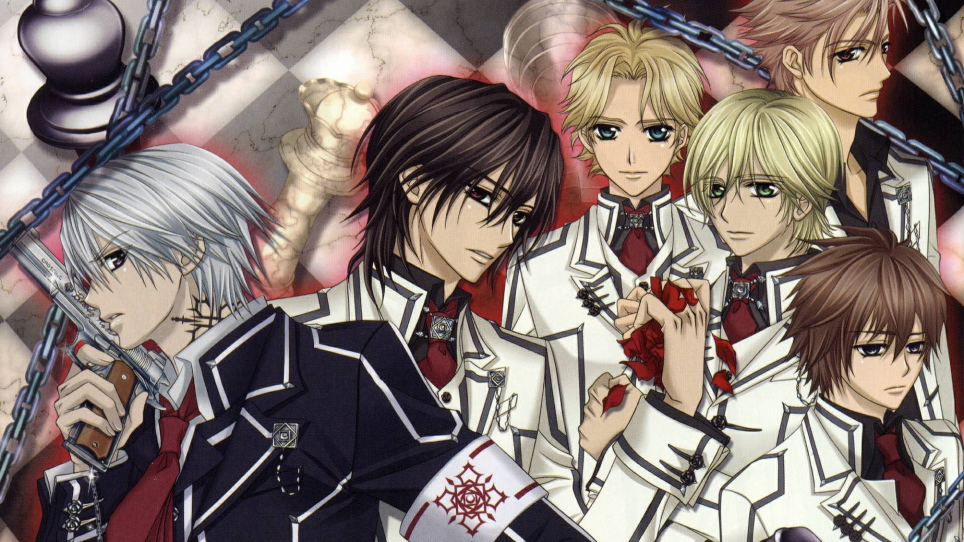 Vampire Knight 桌布 壁紙 — 動漫角色穿著正式制服，在帶有鎖鏈的格子背景前手持玫瑰和武器。