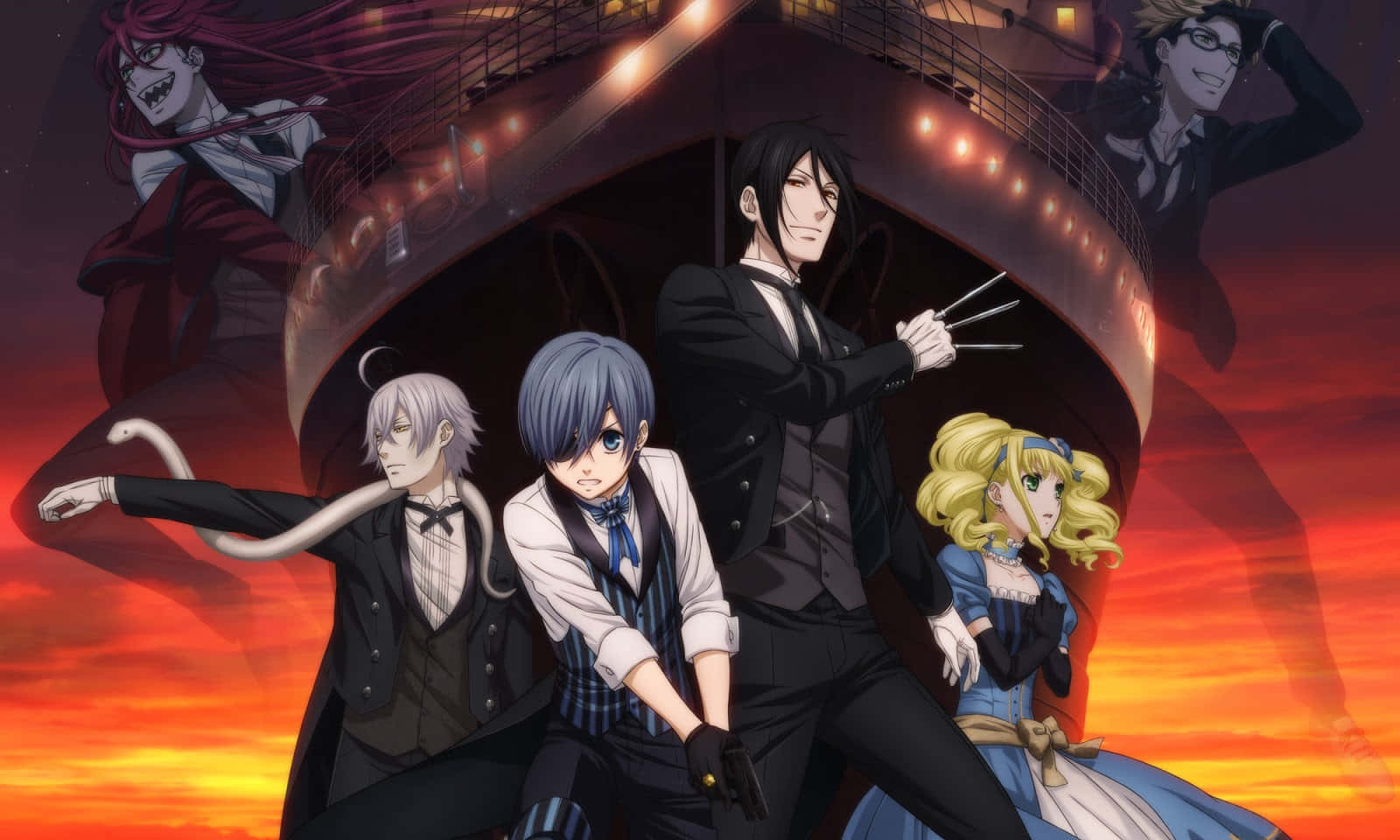 Black Butler 桌布 壁紙 — 動漫角色穿著正式服裝，在熾熱的日落背景和彎曲的陽台結構前戲劇性地擺姿勢。