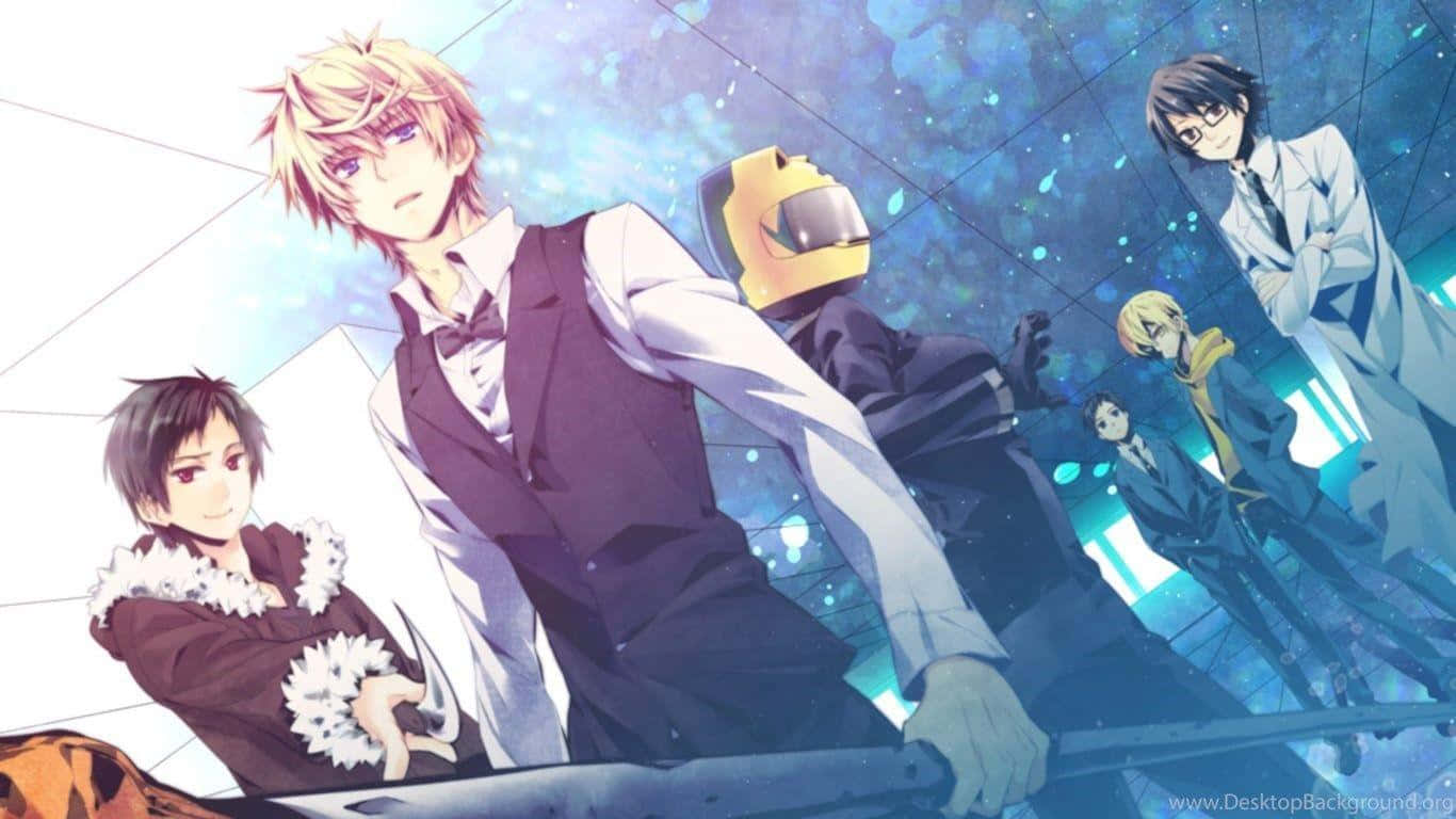 Kasuka Heiwajima 桌布 壁紙 — 動漫角色穿著正式服裝，站在發光藍色宇宙背景前，周圍有漂浮粒子。