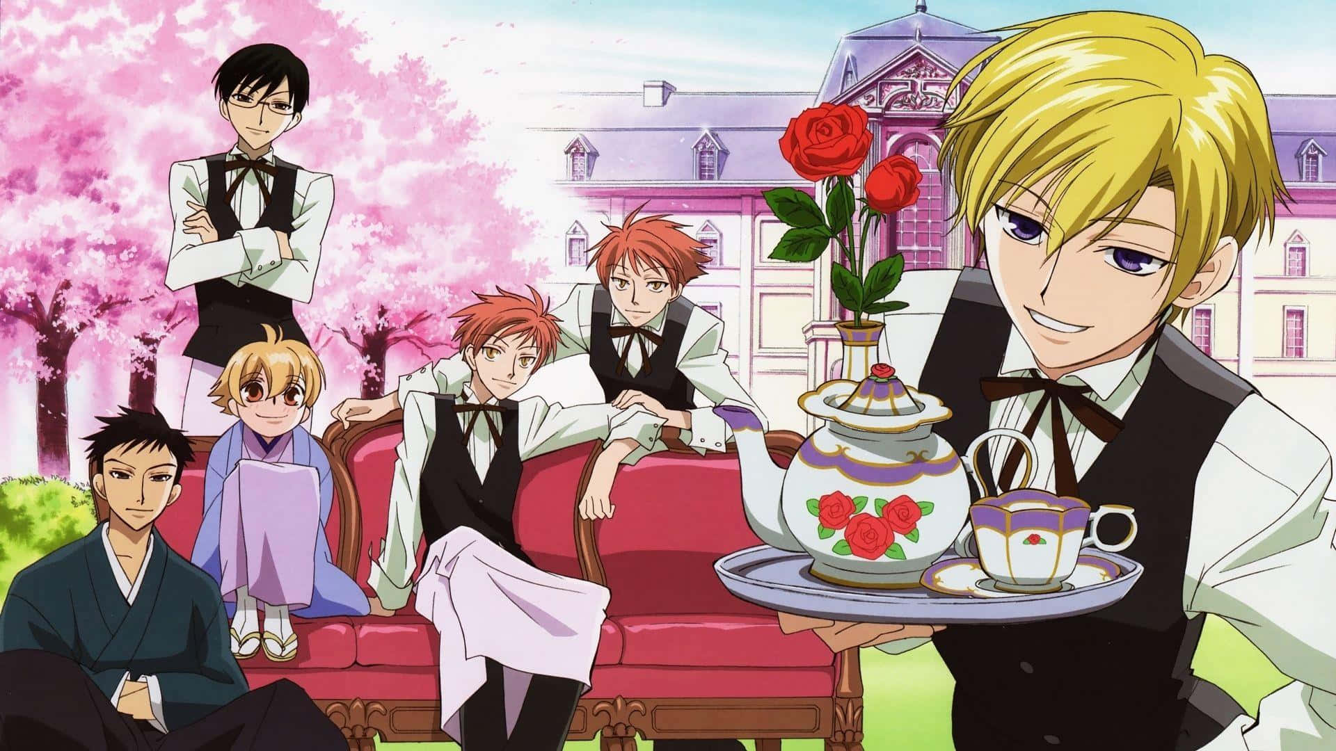 Kyoya Ootori 桌布 壁紙 — 動漫角色穿著正式服裝聚集在花園中，背景有櫻花和宏偉的大宅。