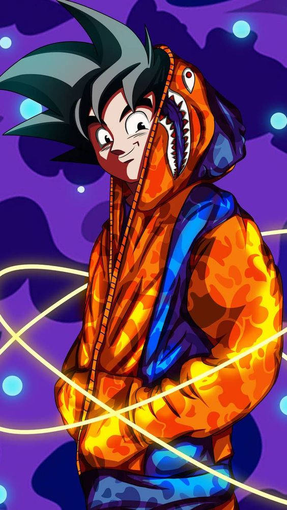 Goku Aesthetic 桌布 壁紙 — 動漫角色穿著火橙色鯊魚連帽衫，在發光的紫色宇宙背景下微笑。