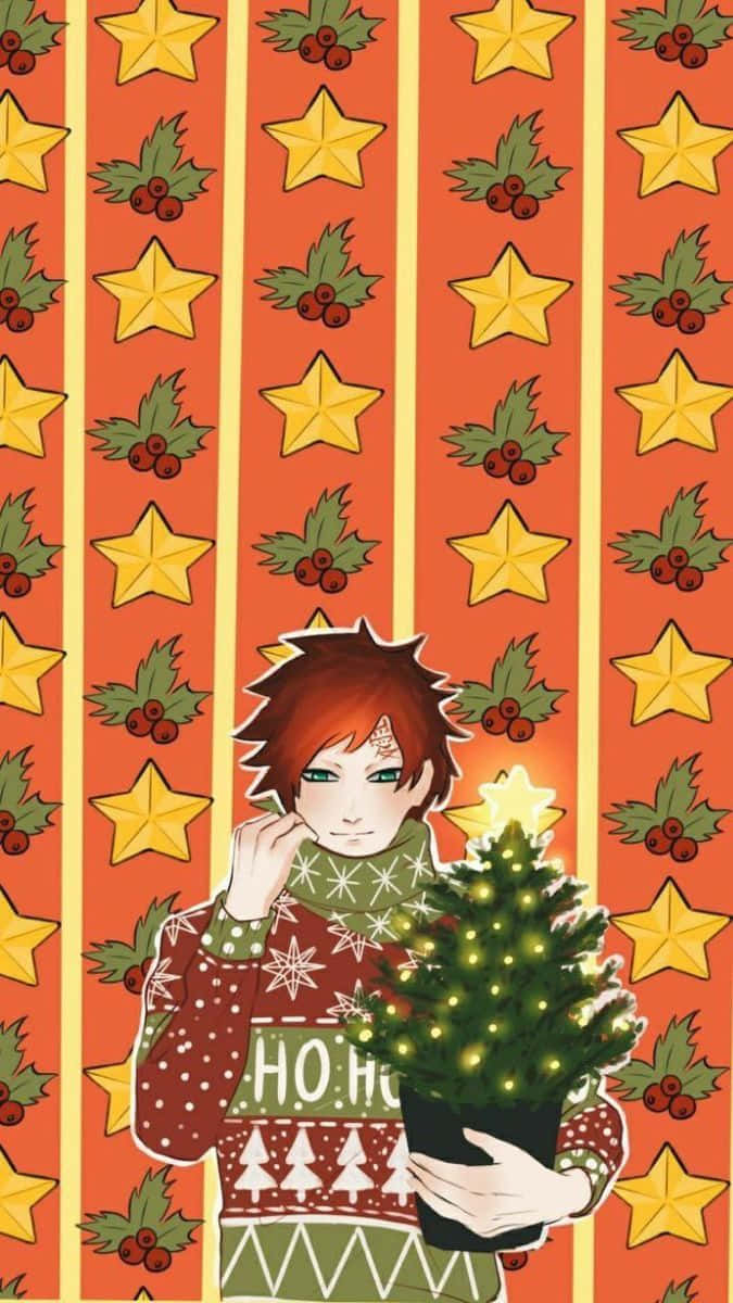 動漫男孩 桌布 壁紙 — 動漫角色穿著節日毛衣，在帶有星星和冬青的條紋節日圖案前抱著發光的小樹。
