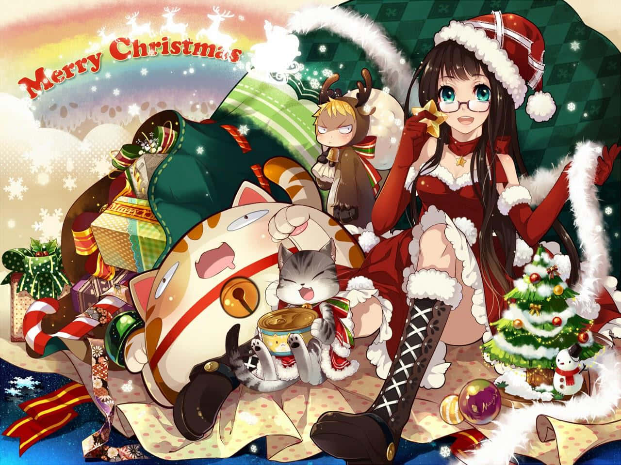 Anime Christmas 桌布 壁紙 — 動漫角色穿著節日聖誕服裝，在雪天下與禮物、貓咪和裝飾樹一起慶祝。