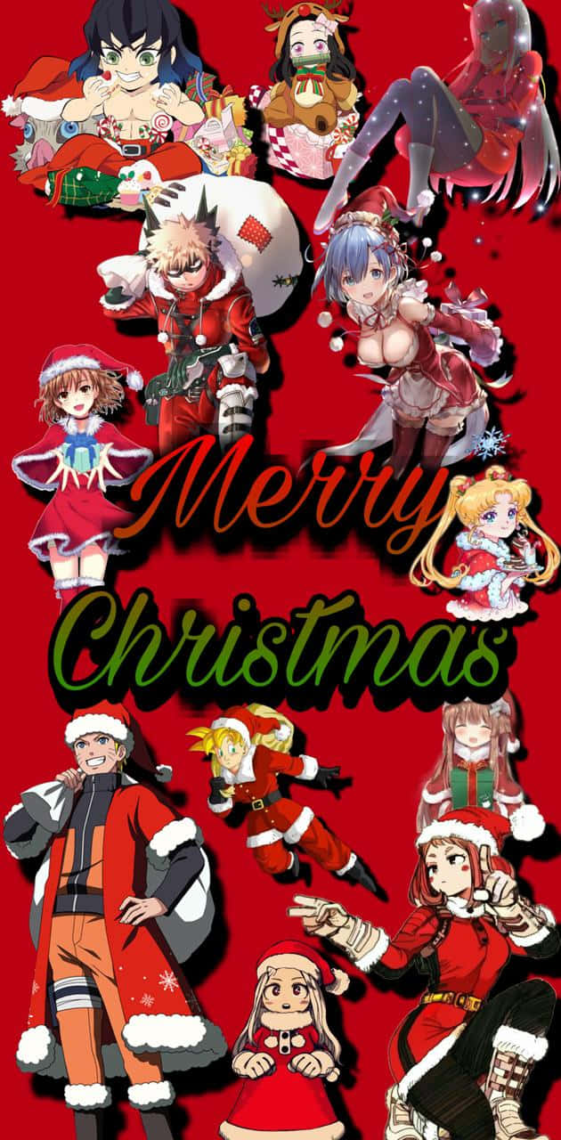動漫聖誕 桌布 壁紙 — 動漫角色穿著節日聖誕服裝，在鮮豔的紅色背景前開心地擺姿勢，並帶有「Merry Christmas」文字。