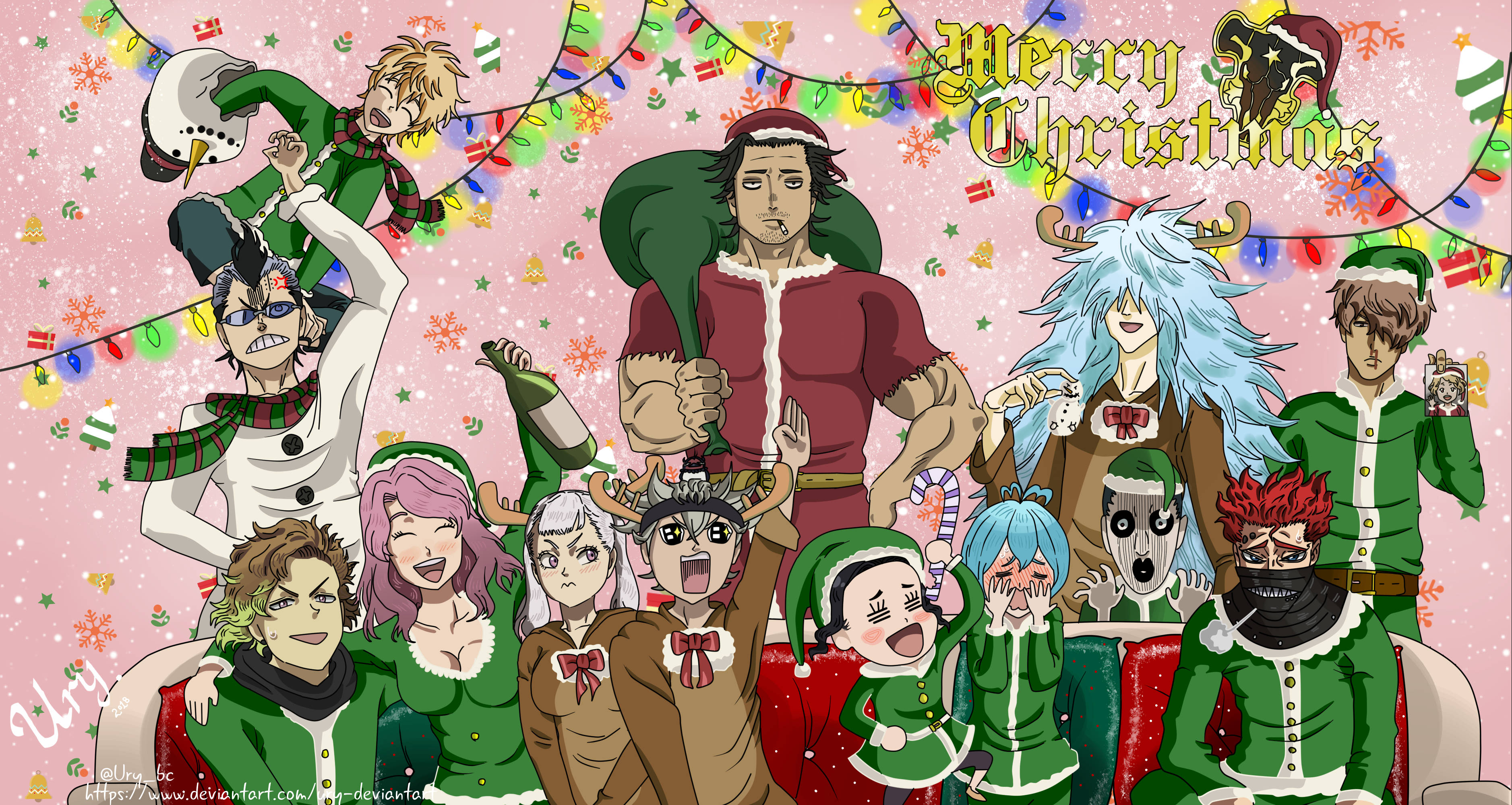 動漫聖誕 桌布 壁紙 — 動漫角色穿著節日聖誕服飾，在粉紅色雪花背景和花環裝飾下歡樂慶祝。