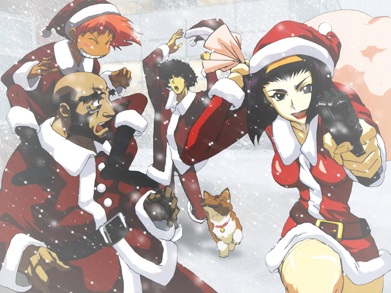 Cowboy Bebop Desktop 桌布 壁紙 — 動漫角色穿著節日聖誕老人服裝，在雪景中與小狗一起動態擺姿勢。