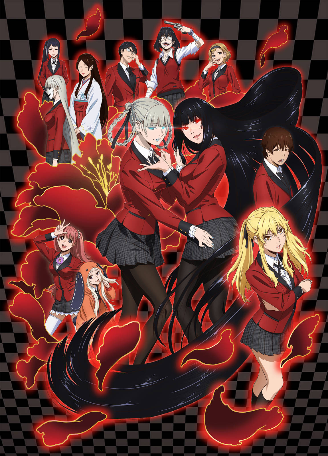 Kakegurui 桌布 壁紙 — 動漫角色穿著紅色校服，在格子背景上動態擺姿勢，帶有發光的紅色花卉和鳥類剪影。