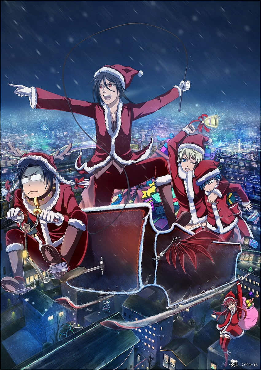 Black Butler 桌布 壁紙 — 動漫角色穿著紅色聖誕老人服裝，在夜晚乘雪橇飛越積雪的城市，雪花飄落，下方燈光閃爍。