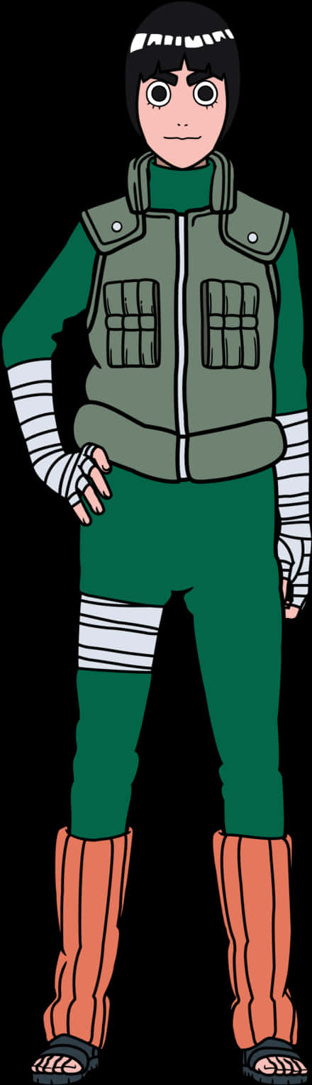 Anime Character 桌布 壁紙 — 動漫角色穿著綠色忍者服，搭配橙色腿綁帶和白色手臂綁帶，站在黑色背景前。