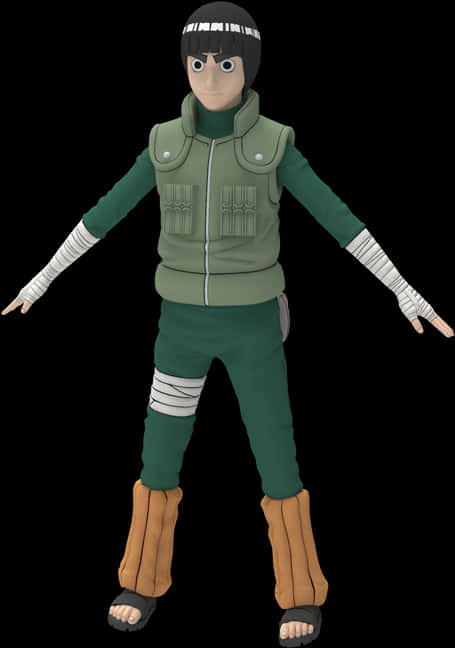 Rock Lee 桌布 壁紙 — 動漫角色穿著綠色忍者服，白色繃帶和棕色護脛，站在黑色背景前。
