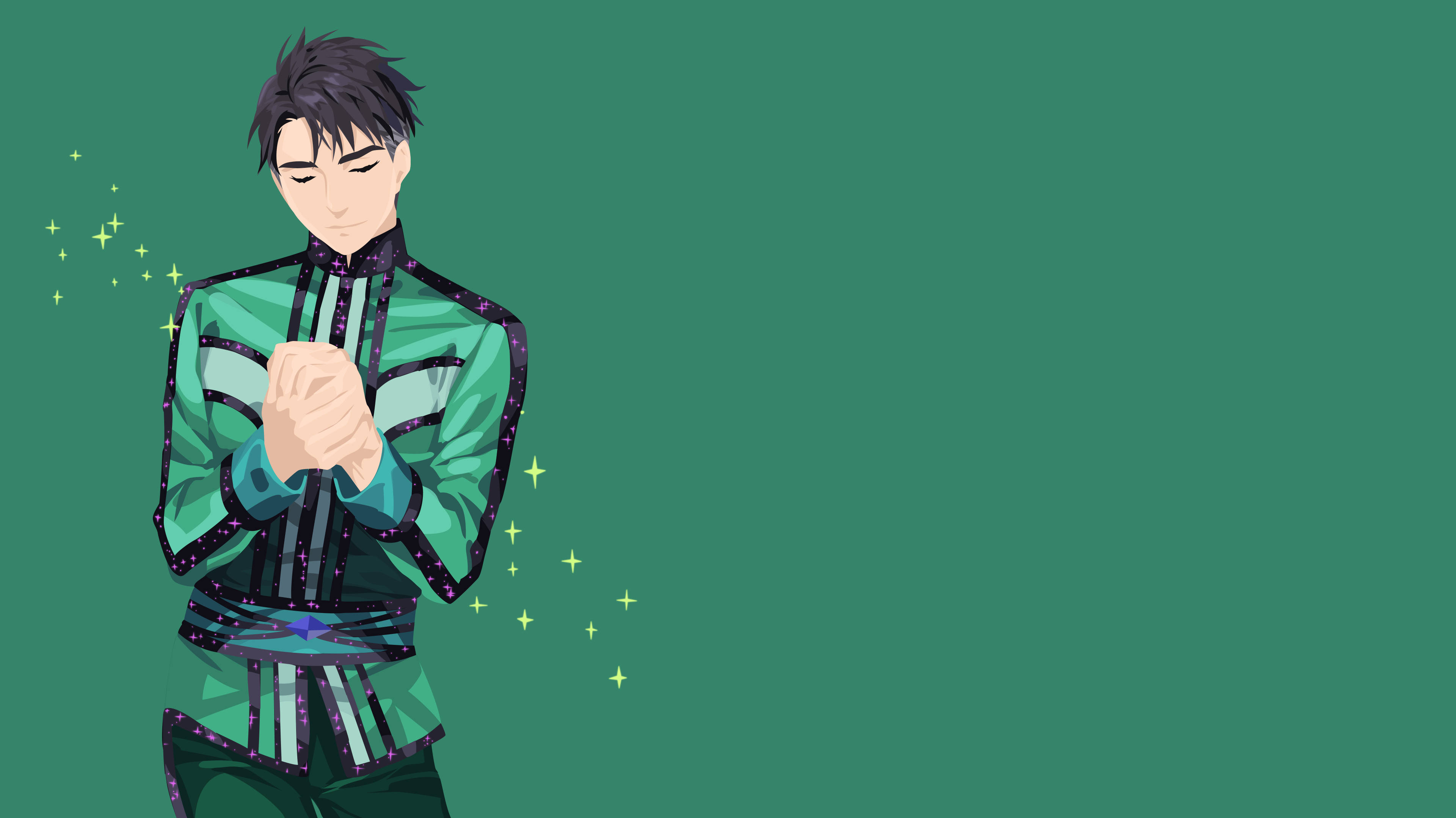 yuri 桌布 壁紙 — 動漫角色穿著綠色星星外套，在純青色背景上雙手合十，閃爍著發光的火花。