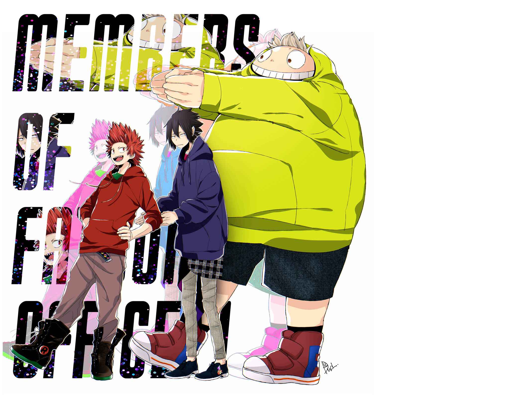 Tamaki Amajiki 桌布 壁紙 — 動漫角色穿著色彩繽紛的連帽衫，在帶有宇宙閃光效果的粗體文字背景前自信地擺姿勢。