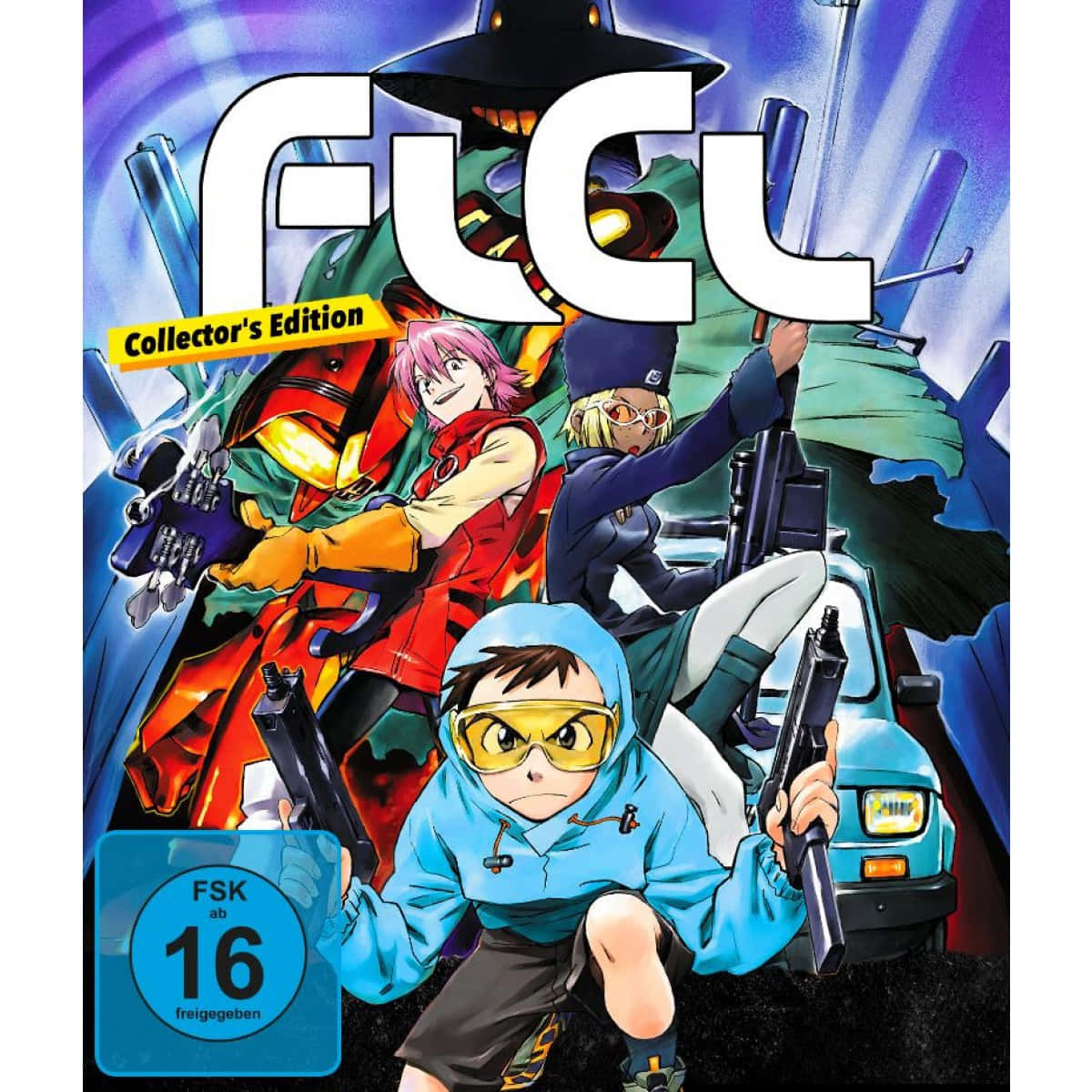 Flcl 桌布 壁紙 — 動漫角色穿著鮮豔裝備，在帶有發光效果的動態紫藍色背景前揮舞槍支。