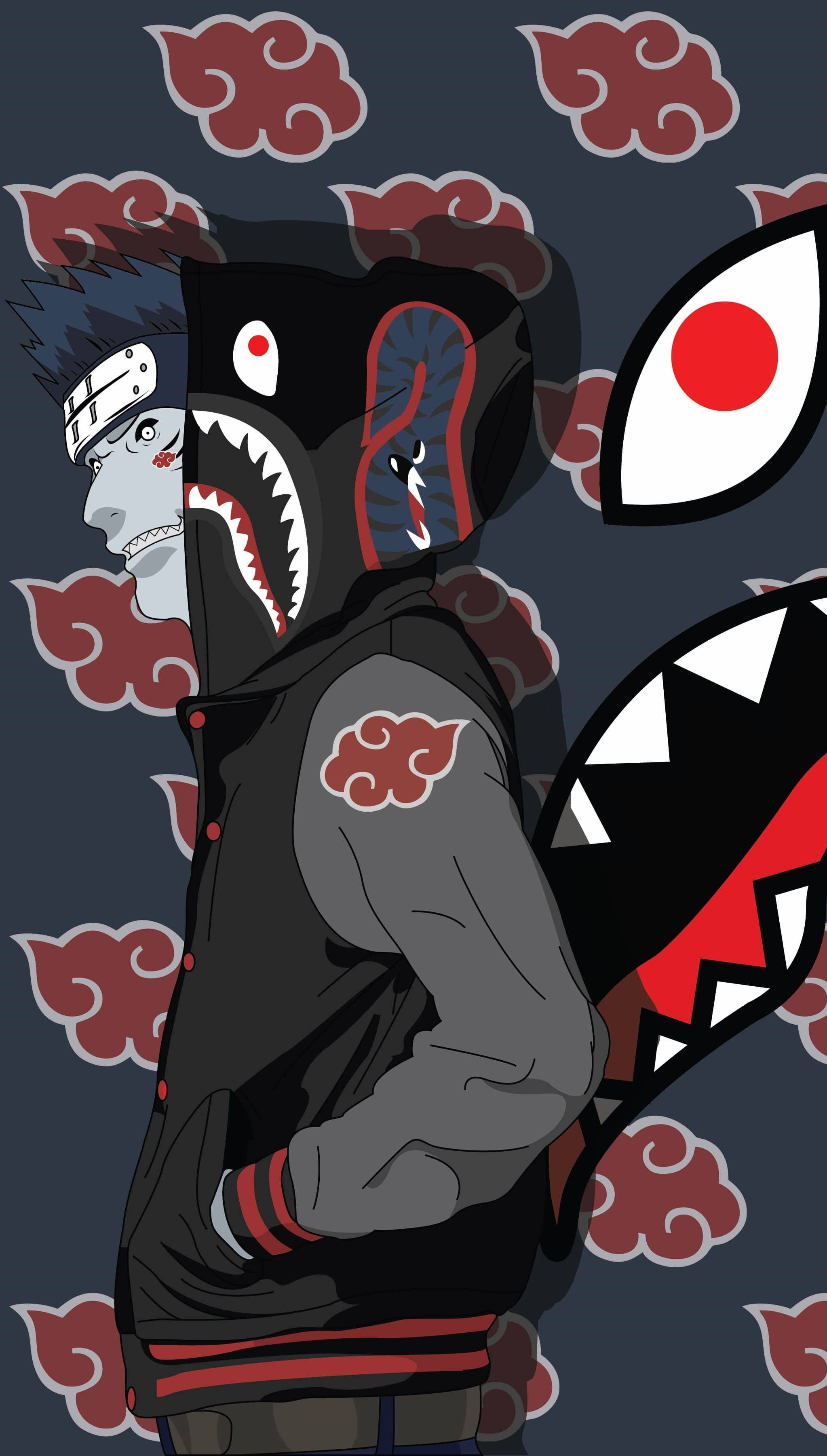 Bape Cartoon 桌布 壁紙 — 動漫角色穿著黑色連帽衫，帶有鯊魚嘴設計和紅色雲紋圖案，背景為深色。