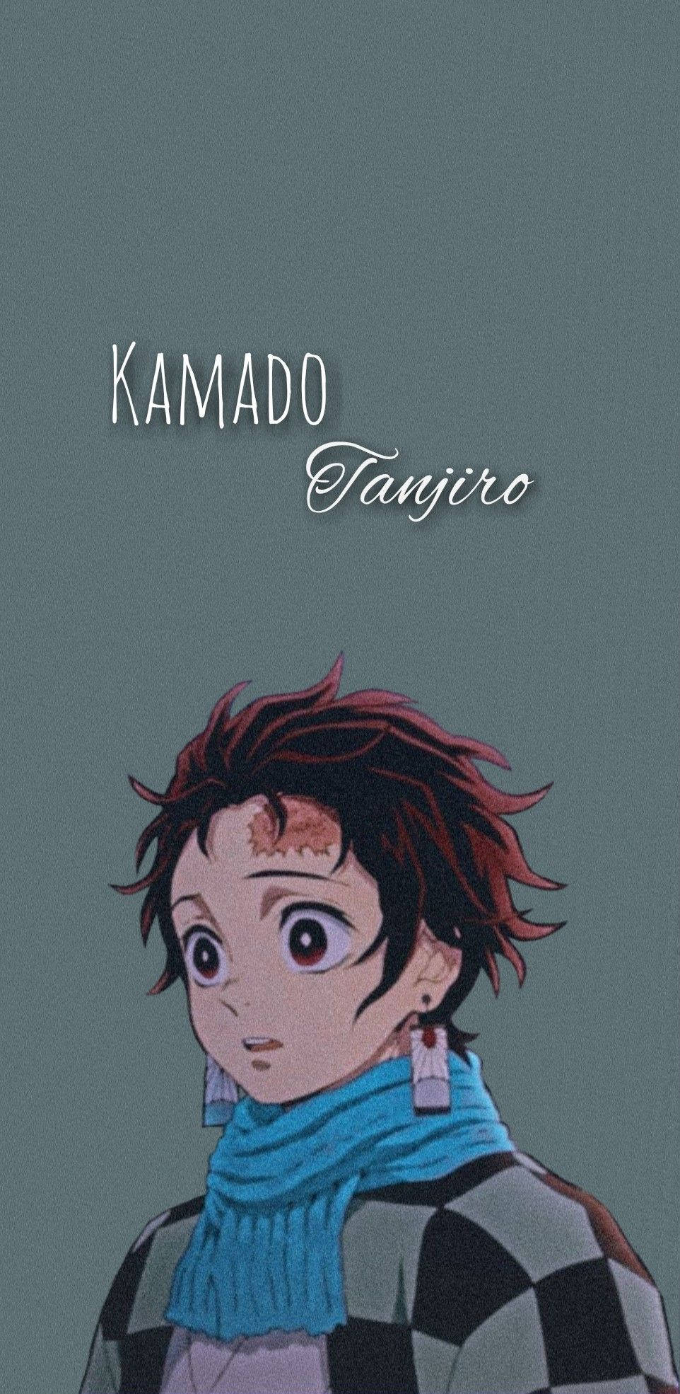 動漫男孩 桌布 壁紙 — 動漫角色竈門炭治郎，紅髮，身穿格紋襯衫，背景為柔和青綠色。