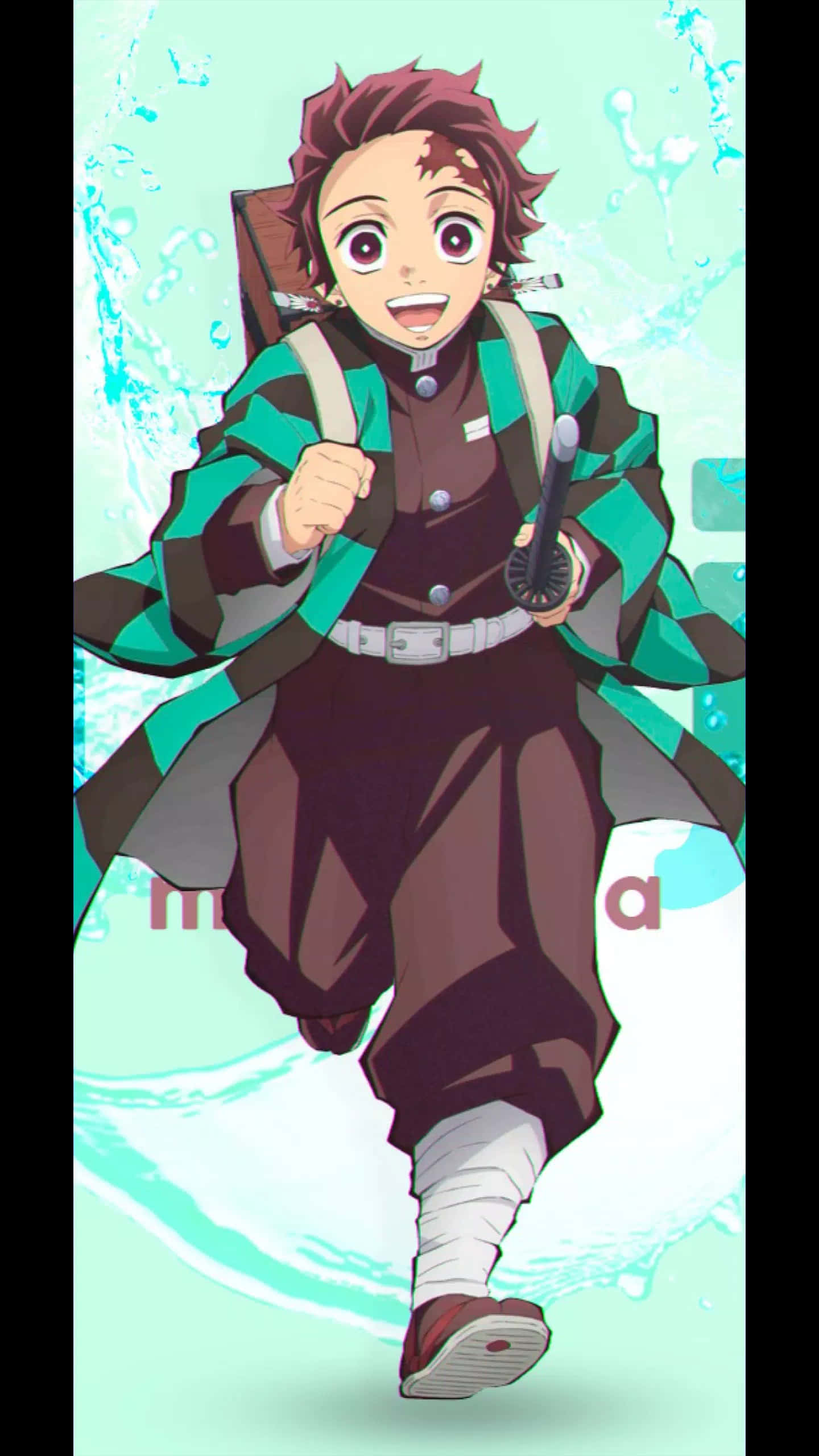 Tanjiro Kamado 桌布 壁紙 — 動漫角色竈門炭治郎帶著愉快表情向前奔跑，手持劍，周圍有飛濺的水滴。
