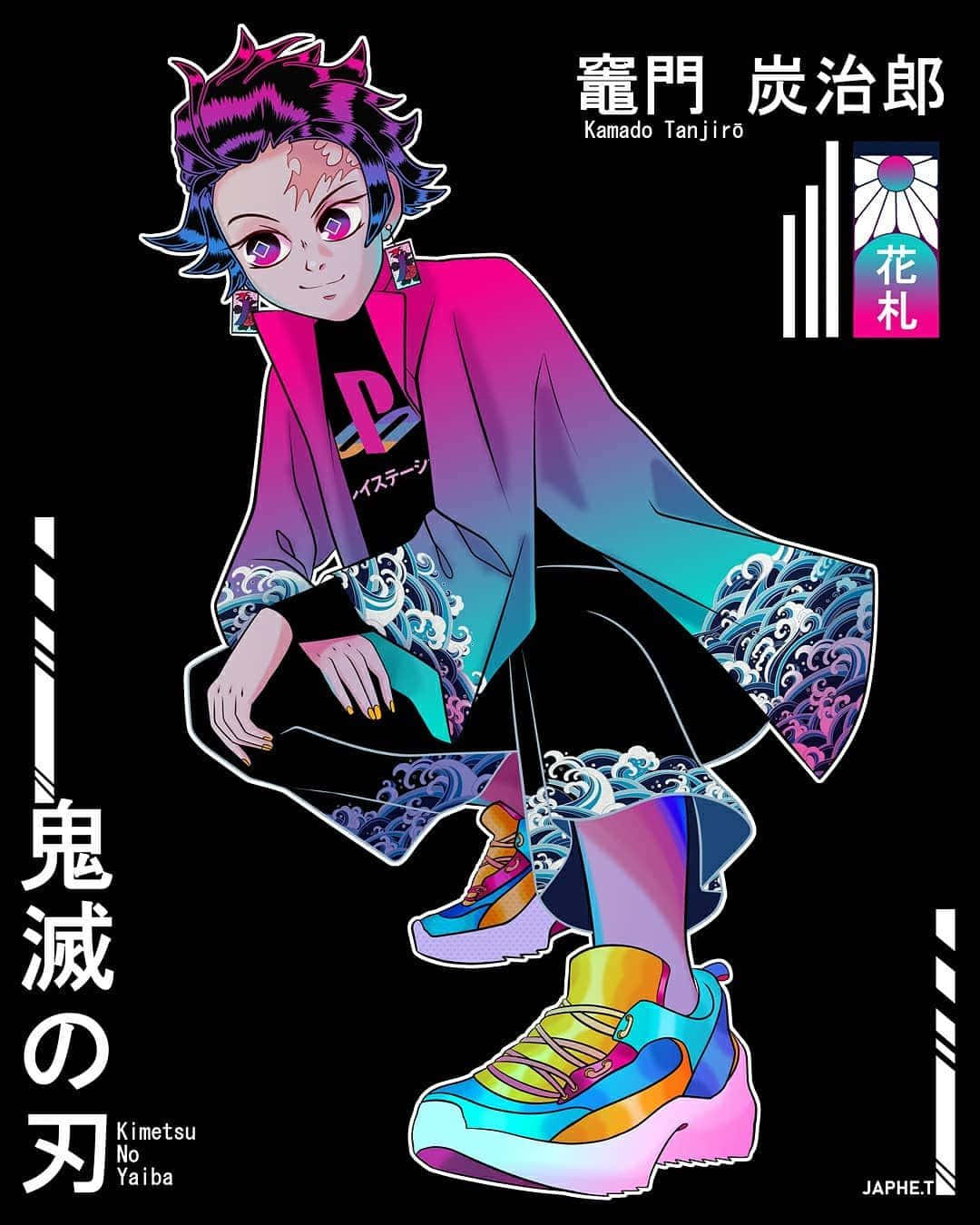 鬼滅之刃 桌布 壁紙 — 動漫角色竈門炭治郎穿著鮮豔漸層和服和彩色運動鞋，在黑色背景前自信地擺姿勢。