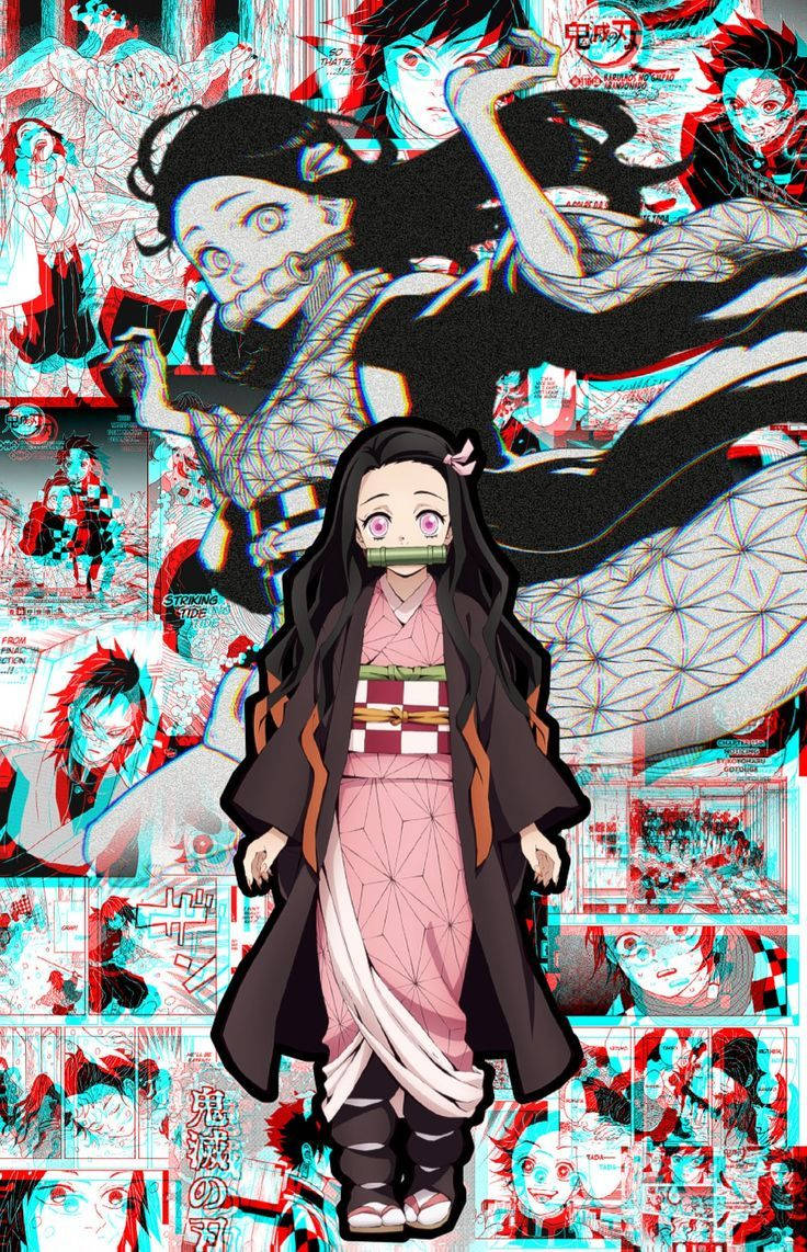 穿著粉色和服的動漫女孩，嘴裡叼著竹筒，周圍是帶有故障效果的漫畫面板。 — 禰豆子 GIF 壁紙