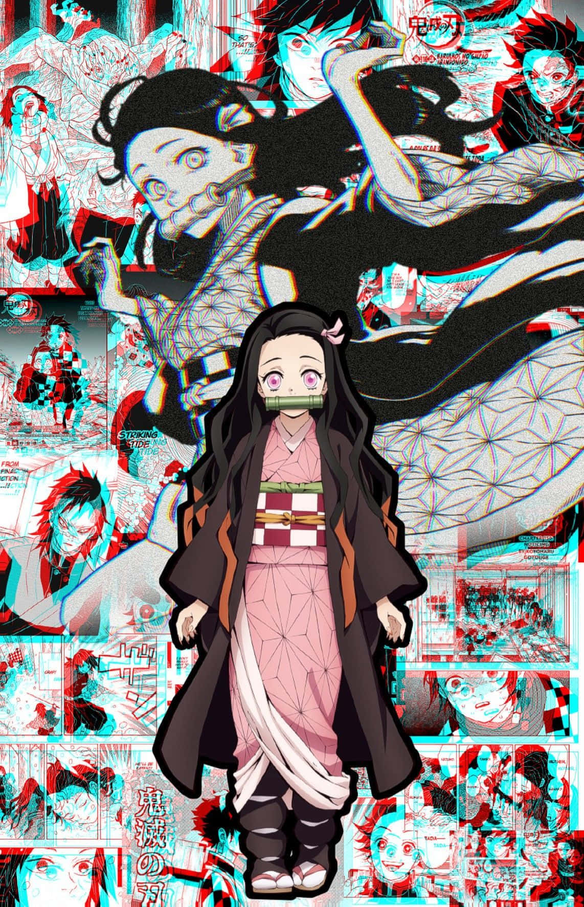 Anime Aesthetic Ps4 桌布 壁紙 — 動漫角色竈門禰豆子身穿粉紅色和服站在中央，背景是混亂的漫畫面板拼貼，帶有故障風格的紅色和青色色彩效果。