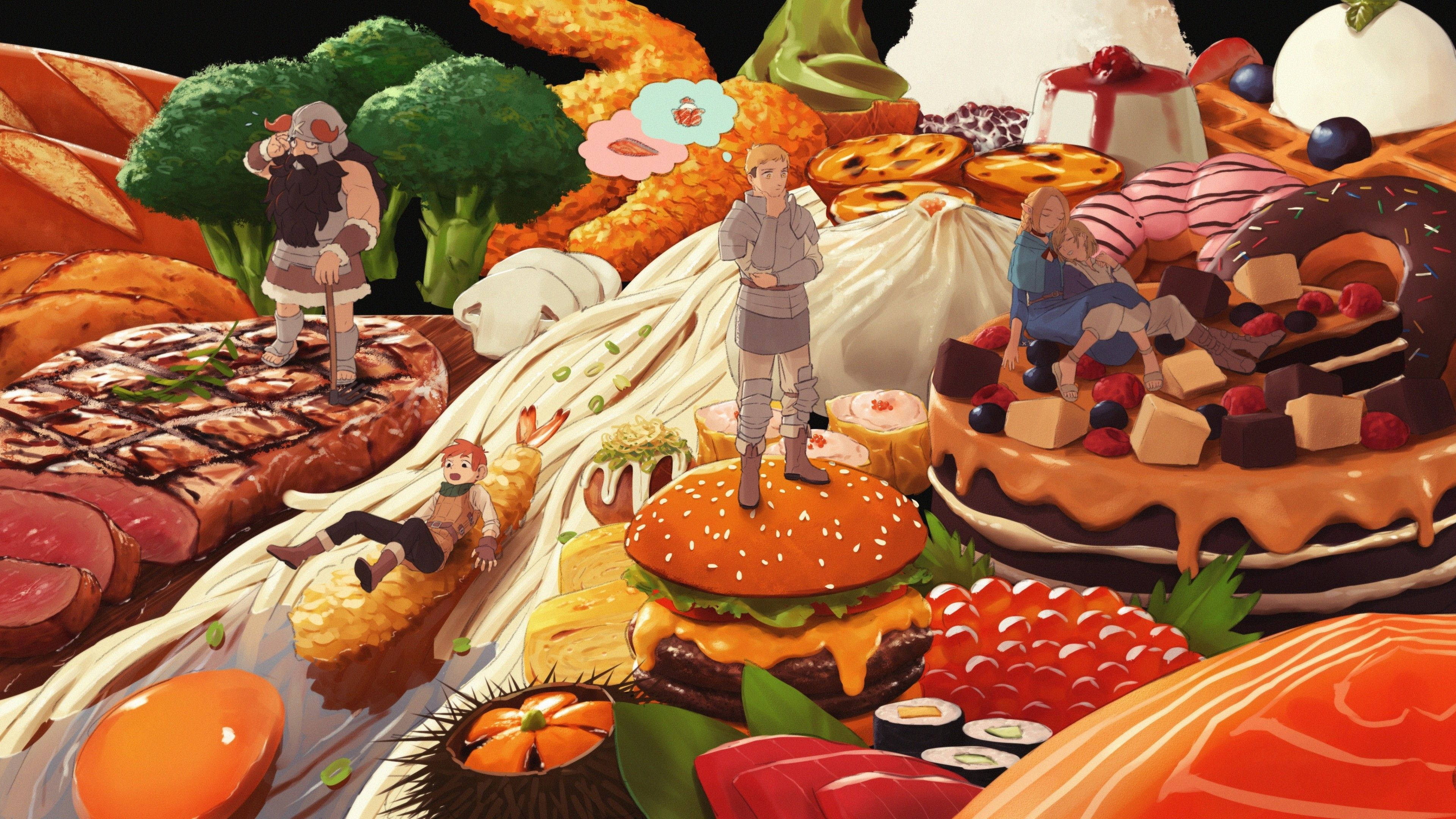 Thanksgiving Aesthetic 桌布 壁紙 — 動漫角色站在一個由各種食物（包括漢堡、壽司和甜點）組成的色彩繽紛的山頂上。