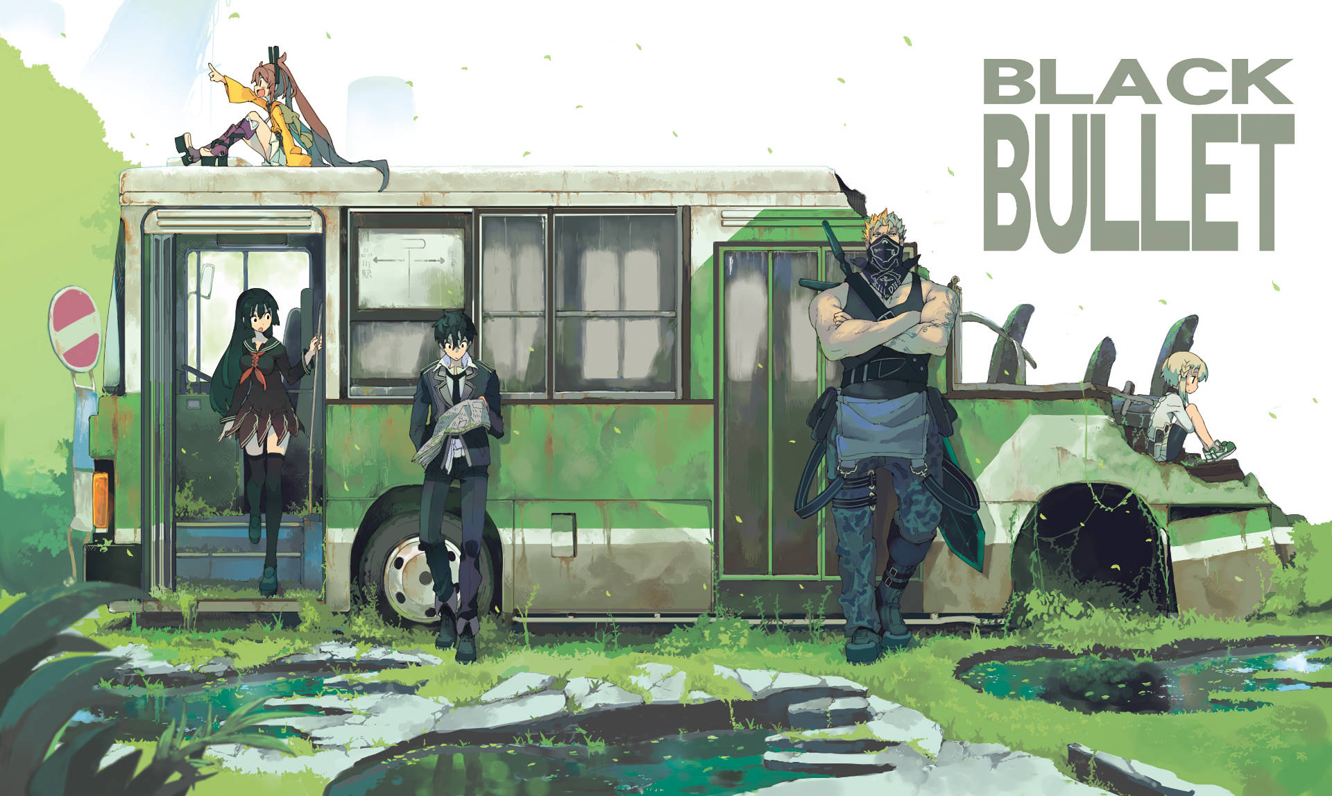 bullet 桌布 壁紙 — 動漫角色站在一個風化的綠色巴士周圍，在明亮的日光下，處於一個長滿草、破碎的景觀中。