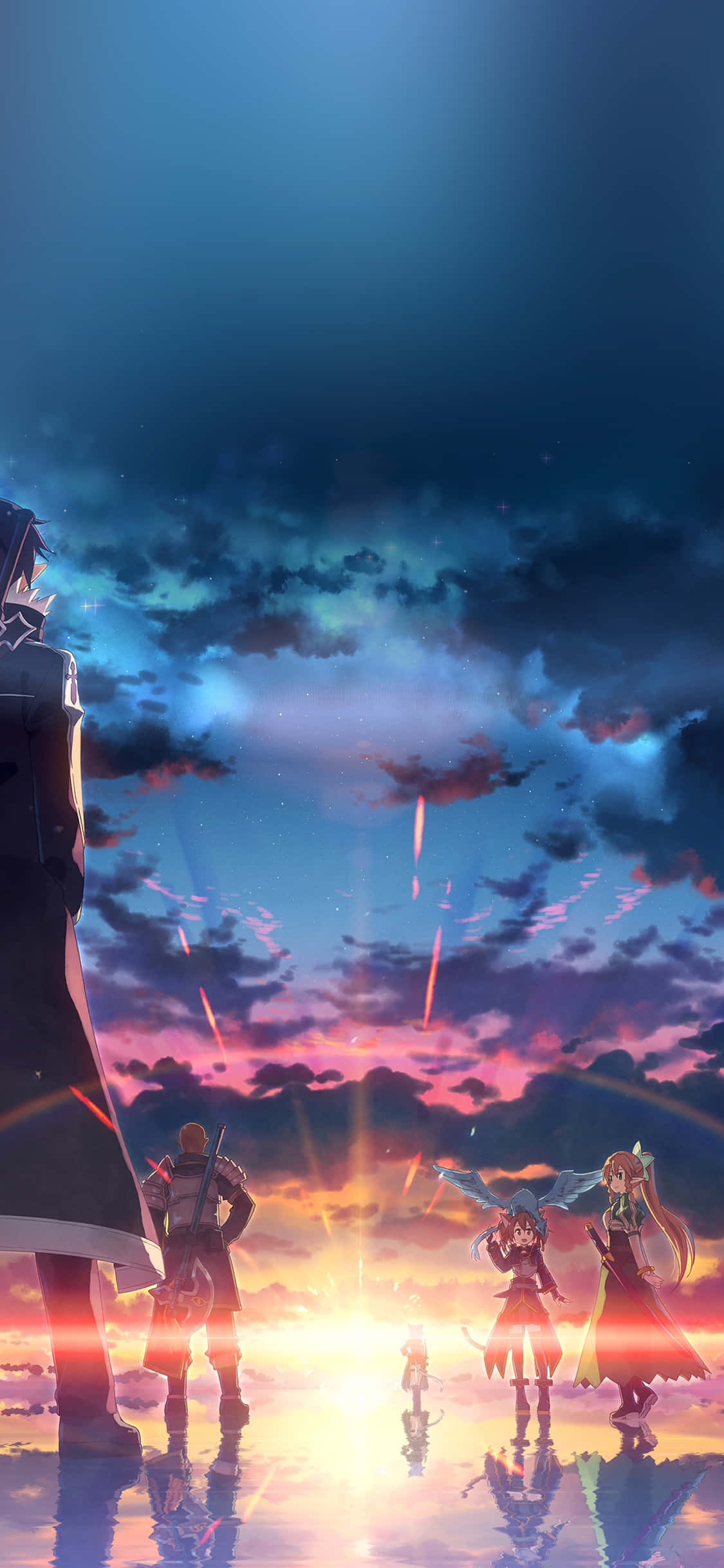 Anime Sunset 桌布 壁紙 — 動漫角色站在反射的水中，天空是充滿活力的日落，帶有發光的條紋和戲劇性的雲彩。