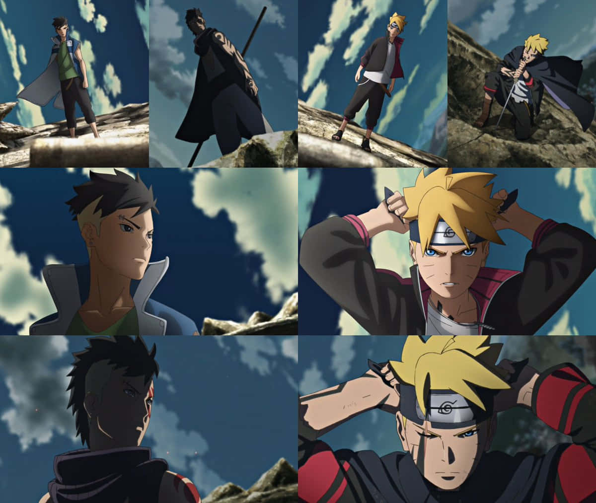 Boruto Vs Kawaki 桌布 壁紙 — 動漫角色站在岩石峭壁上，以戲劇性的多雲天空為背景擺姿勢。