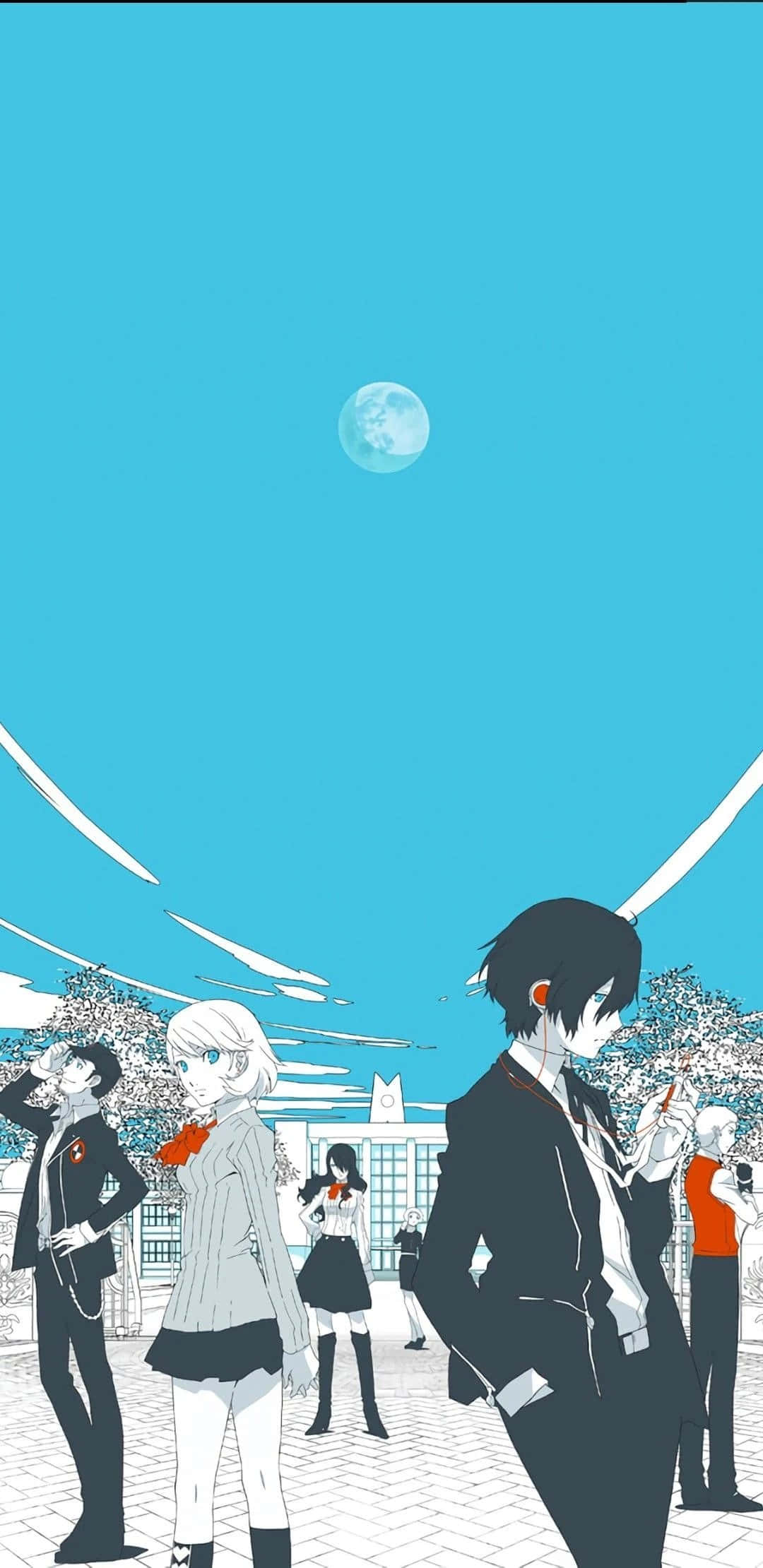 persona 5 4K 桌布 壁紙 — 動漫角色站在明亮的藍天下，背景有滿月和白色條紋。