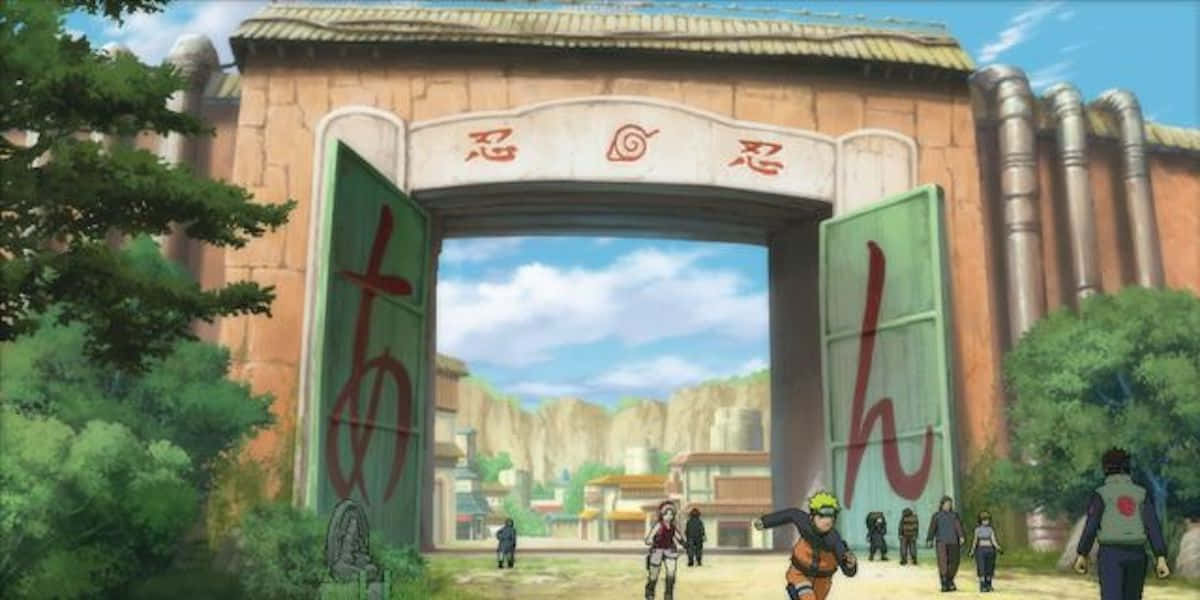 Naruto Village 桌布 壁紙 — 動漫角色站在木葉村敞開的大門前，天空湛藍，白雲朵朵。
