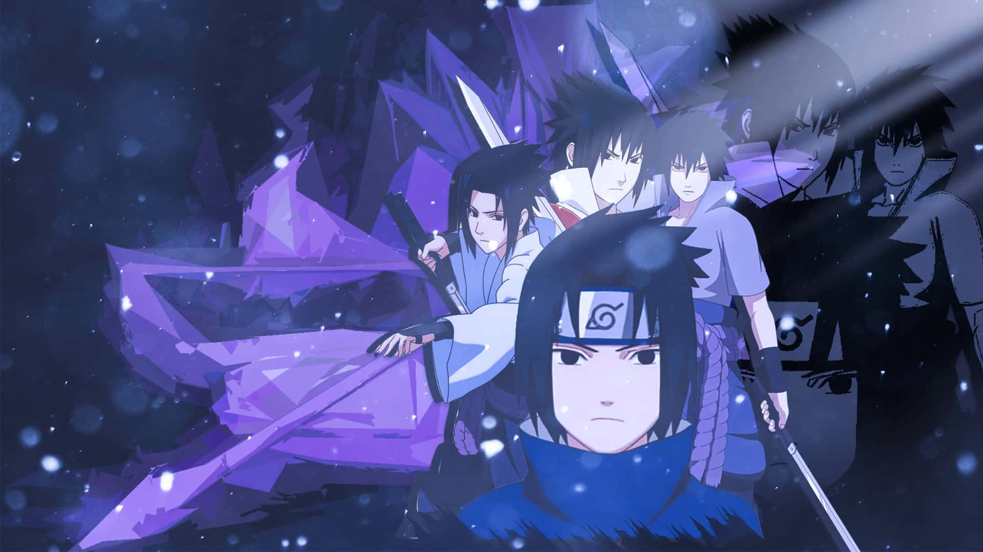Purple Sasuke 桌布 壁紙 — 動漫角色站在發光的紫色水晶碎片中，背景是黑暗的星空和漂浮的粒子。