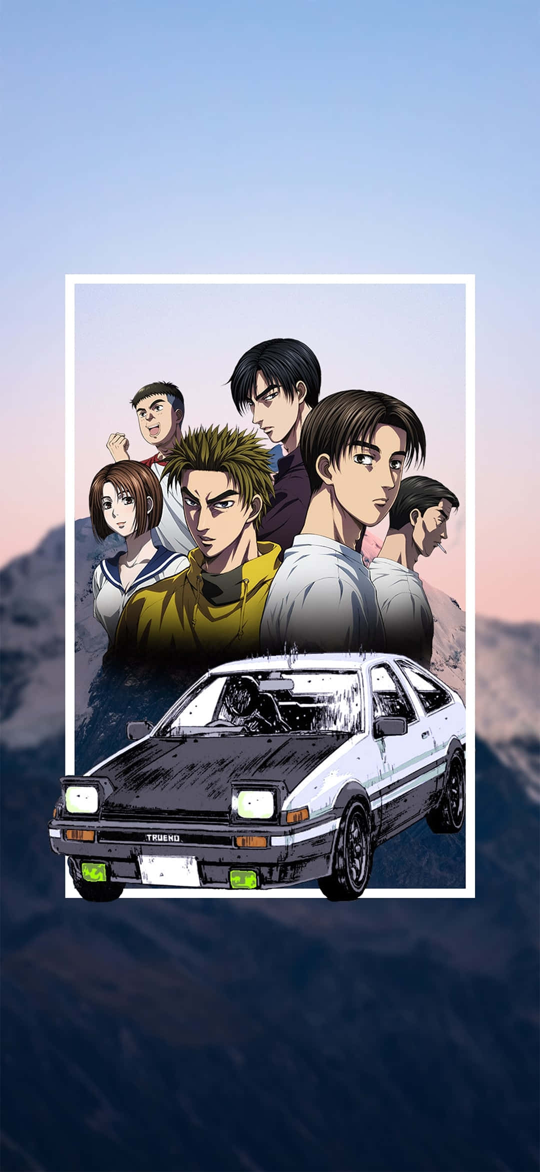 桌布 壁紙 — 動漫角色站在白色AE86跑車後面，背景是日落時分的山脈。