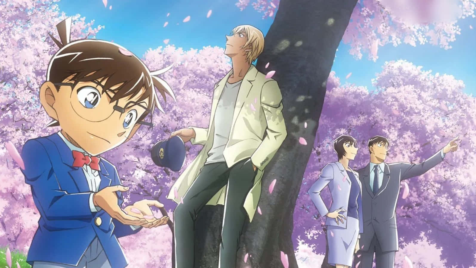 Detective Conan 桌布 壁紙 — 動漫角色站在盛開的櫻花樹下，花瓣在明亮的藍天中飄落。
