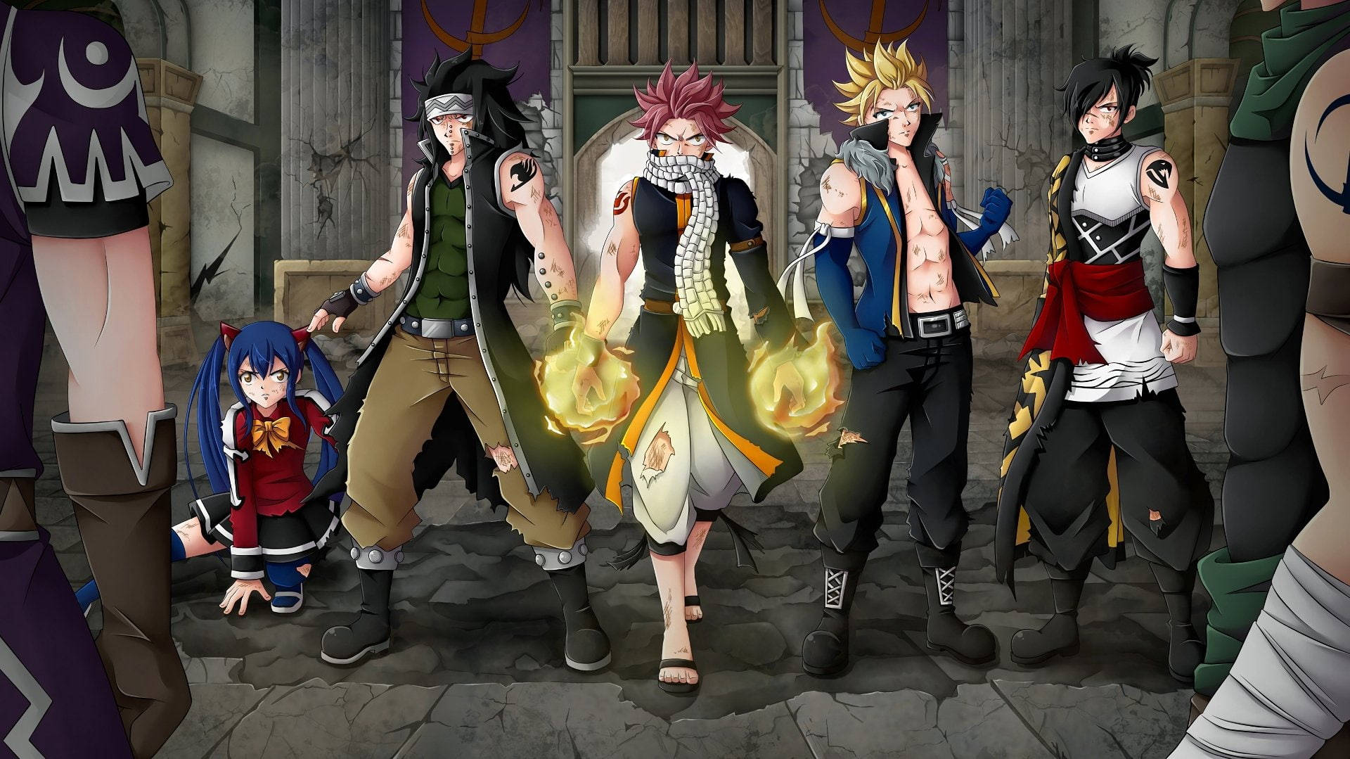 Fairy Tail Characters 桌布 壁紙 — 動漫角色站在石頭庭院中，其中一人揮舞火焰魔法，其他人擺出戰鬥姿勢。