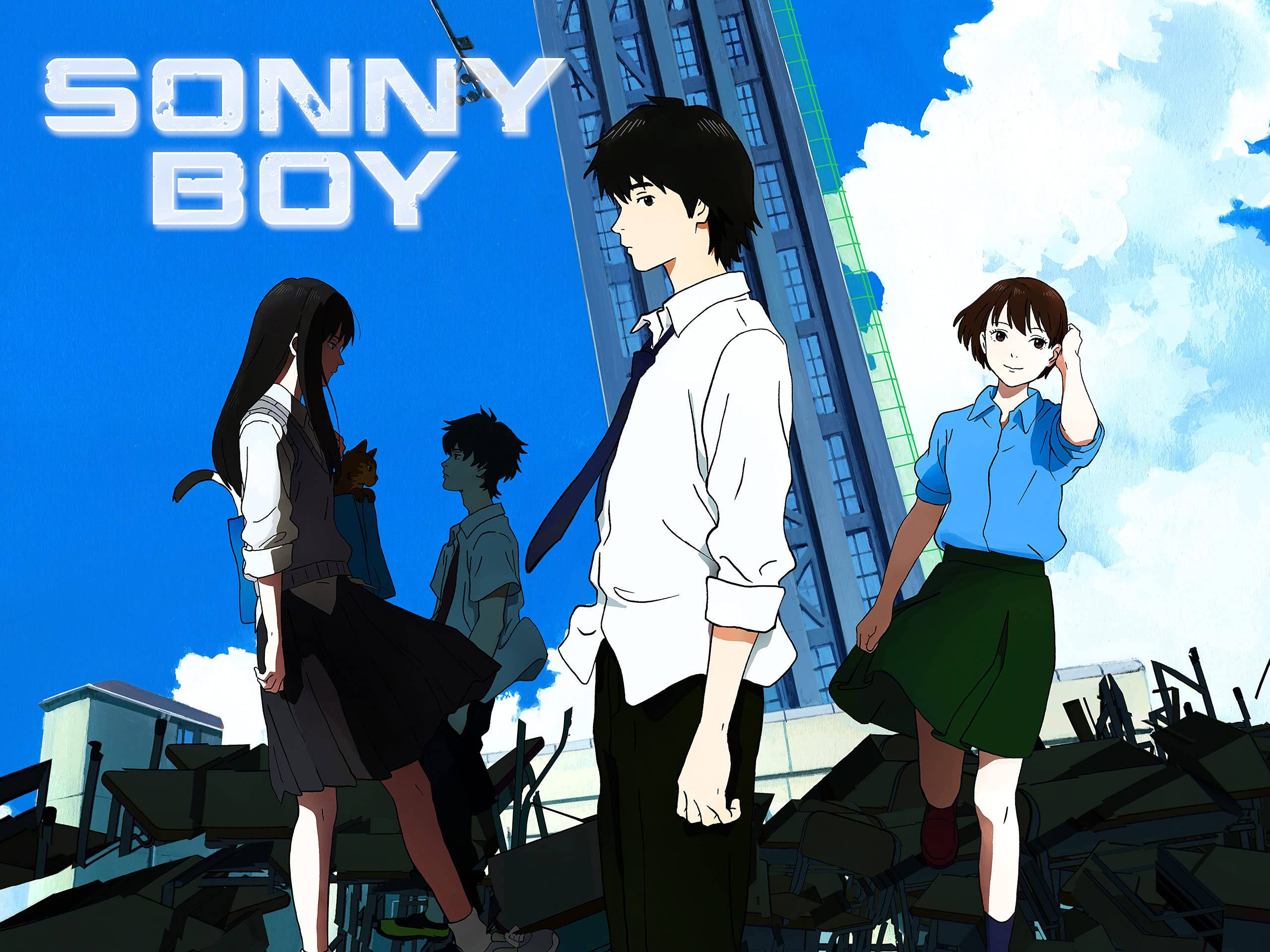 Sonny 桌布 壁紙 — 動漫角色站在破爛的學校書桌上，背後是明亮的藍天白雲和高樓大廈。