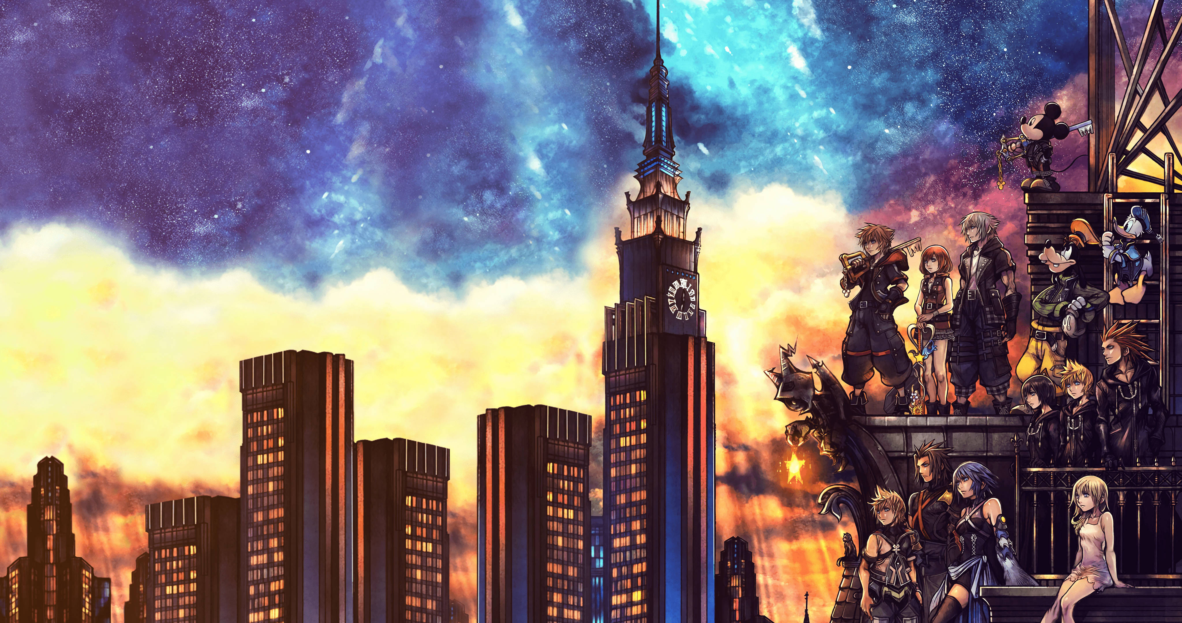 Kingdom Hearts 3 桌布 壁紙 — 動漫角色站在鐘樓頂端，背景是充滿星星和雲彩的鮮豔日落天空。