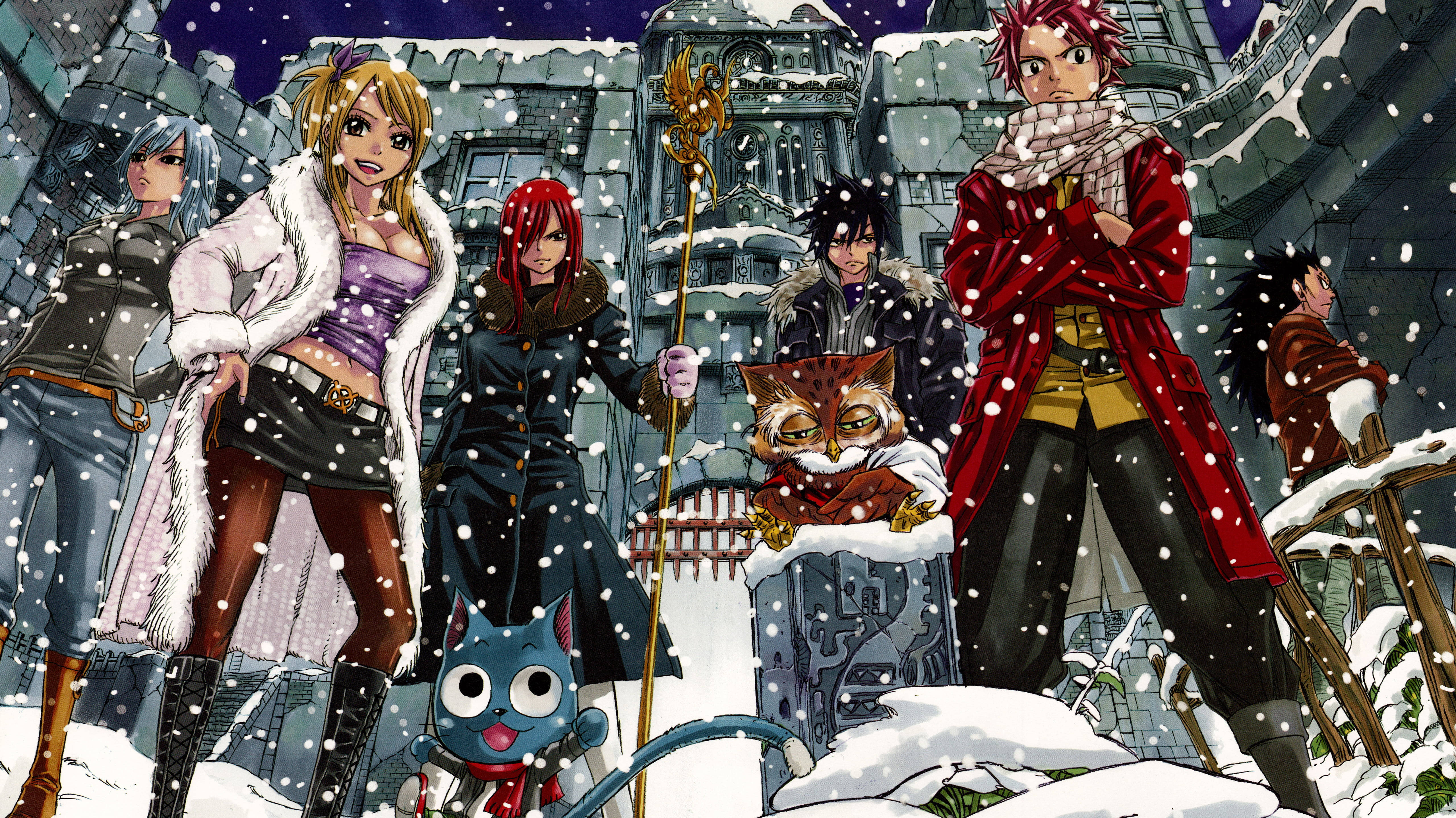 Fairy Tail Characters 桌布 壁紙 — 動漫角色站在雪中的廢墟城市景觀中，雪花飄落，前景有一隻藍貓。