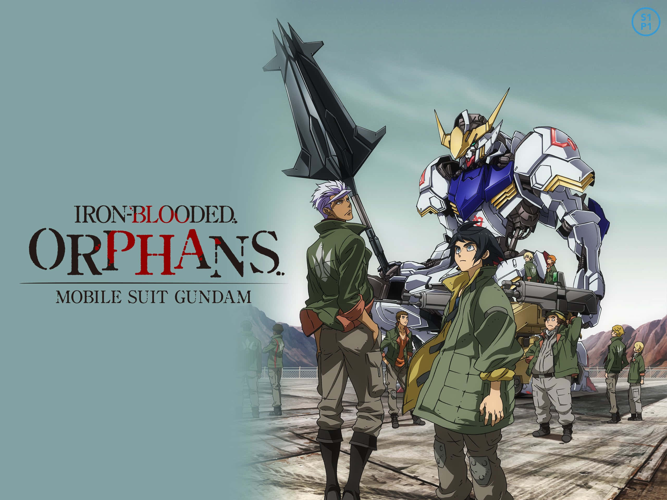 Mobile Suit Gundam Iron-blooded Orphans 桌布 壁紙 — 動漫角色站在高聳的藍白機動戰士前，手持巨大的黑色長矛，映襯著蒼白的天空。