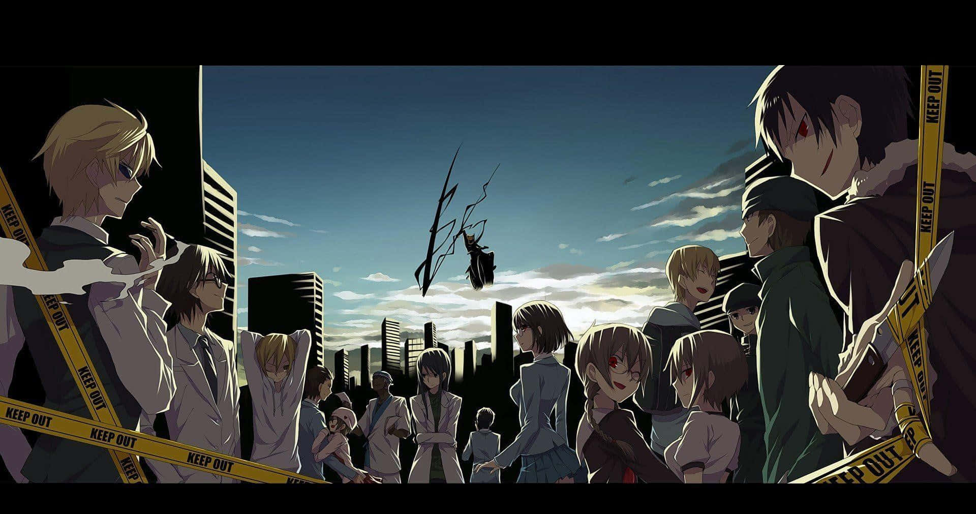 Shizuo Heiwajima 桌布 壁紙 — 動漫角色站在黃色警示帶後面，看著一個黑色有翼的身影在黃昏時分降臨在城市天際線上。