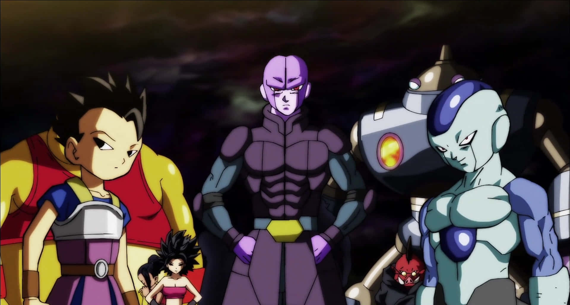 Dragon Ball Super Universe 6 桌布 壁紙 — 動漫角色站在黑暗暴風雨的天空中，表情強烈，眼睛發光。