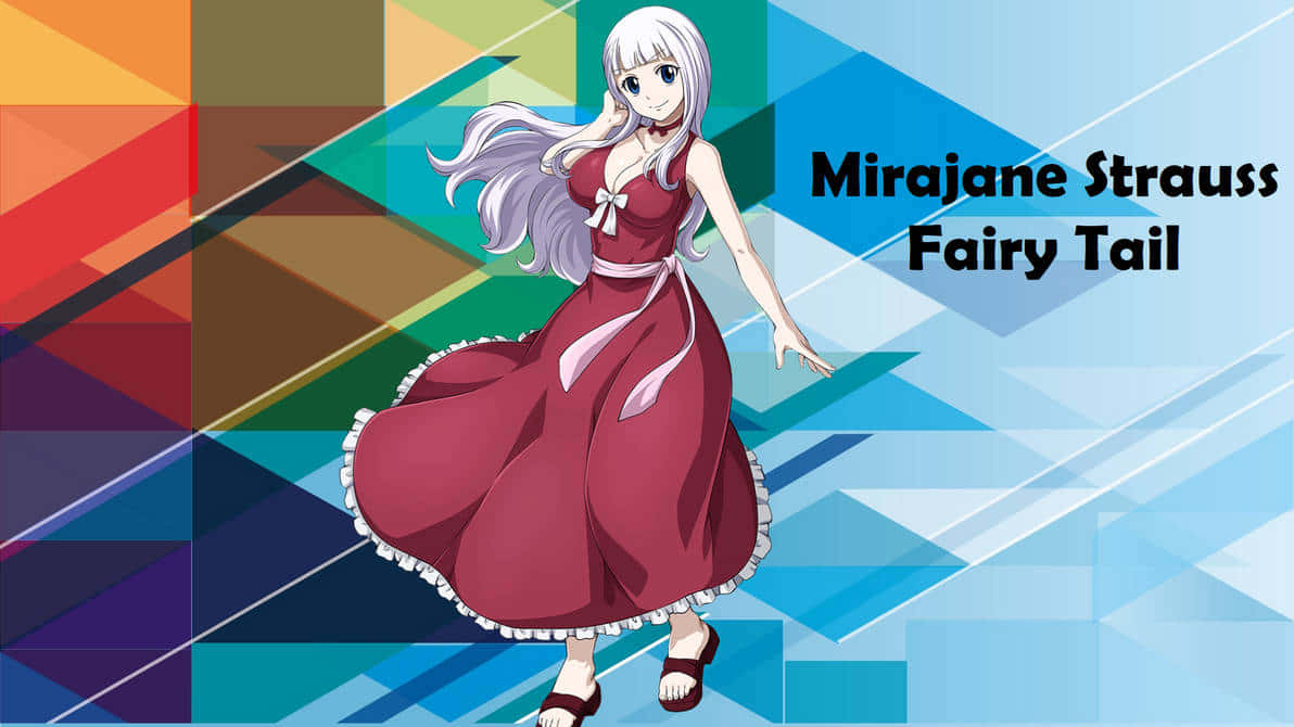 Mirajane Strauss 桌布 壁紙 — 動漫角色米拉珍·史特勞斯身穿飄逸紅裙，優雅地站在充滿活力的幾何背景前。