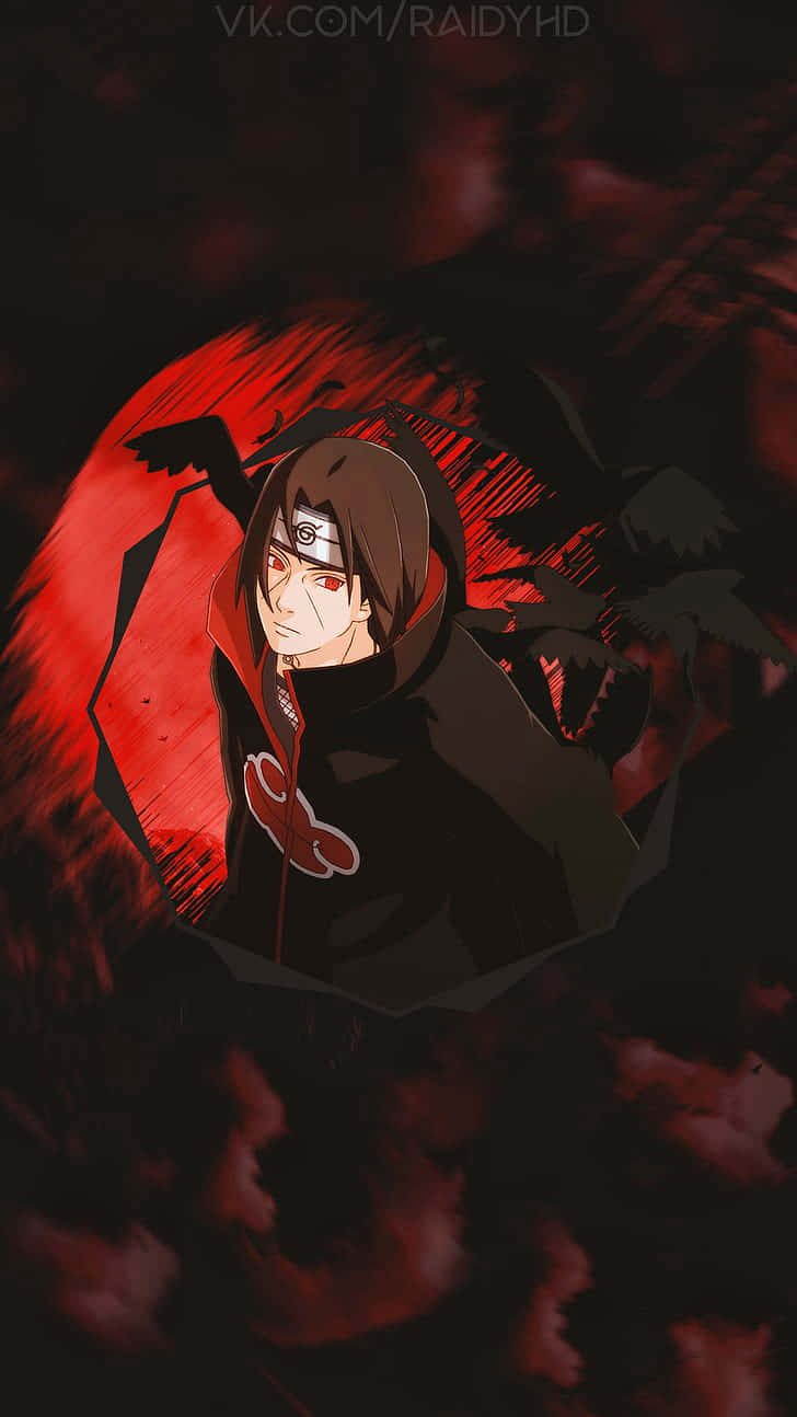 Naruto Itachi 桌布 壁紙 — 動漫角色紅眼黑斗篷，站在旋轉的紅黑背景前。